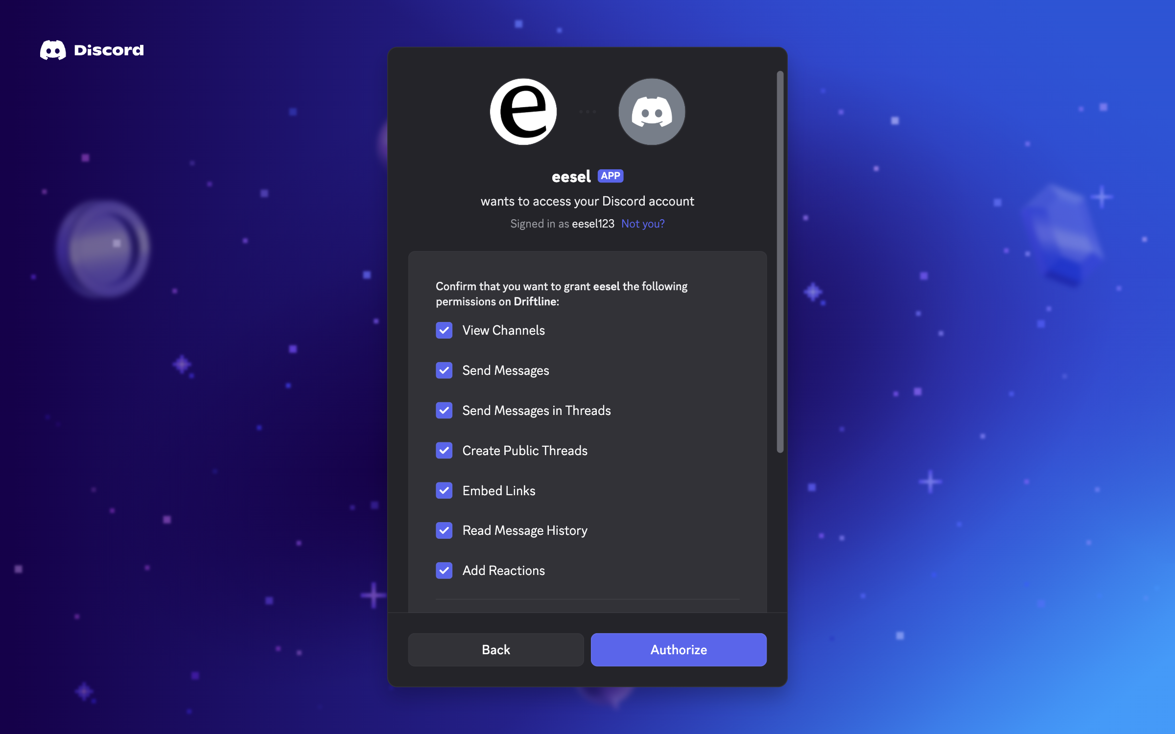Discord's permission screen for eesel on the Driftline server, with View Channels, Send Messages, Send Messages in Threads, Create Public Threads, Embed Links, Read Message History and Add Reactions ticked, and an Authorize button
