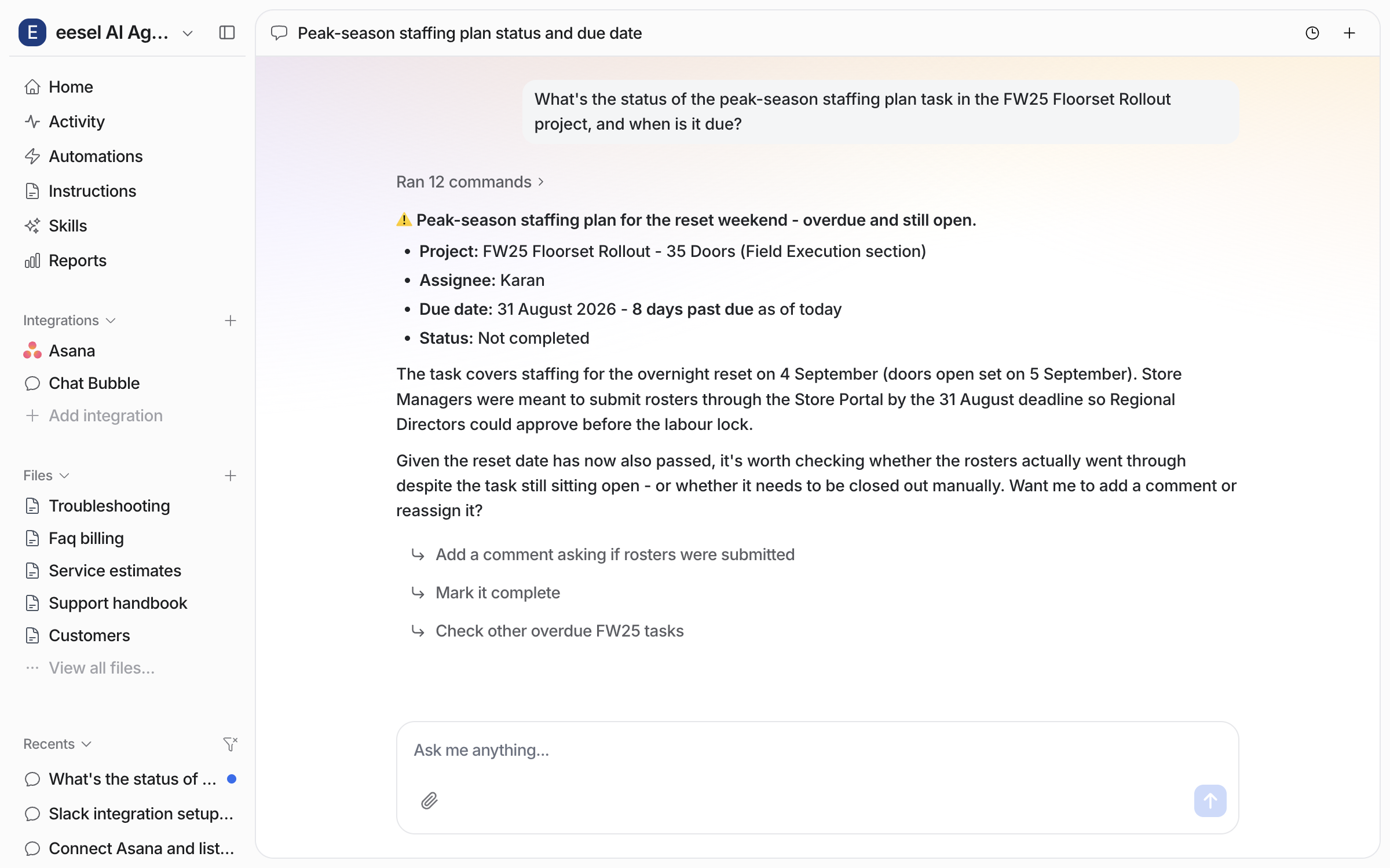 The dashboard chat answering a question about a task's status, with a bold status line and the project, assignee, due date and status listed, plus suggested follow-ups