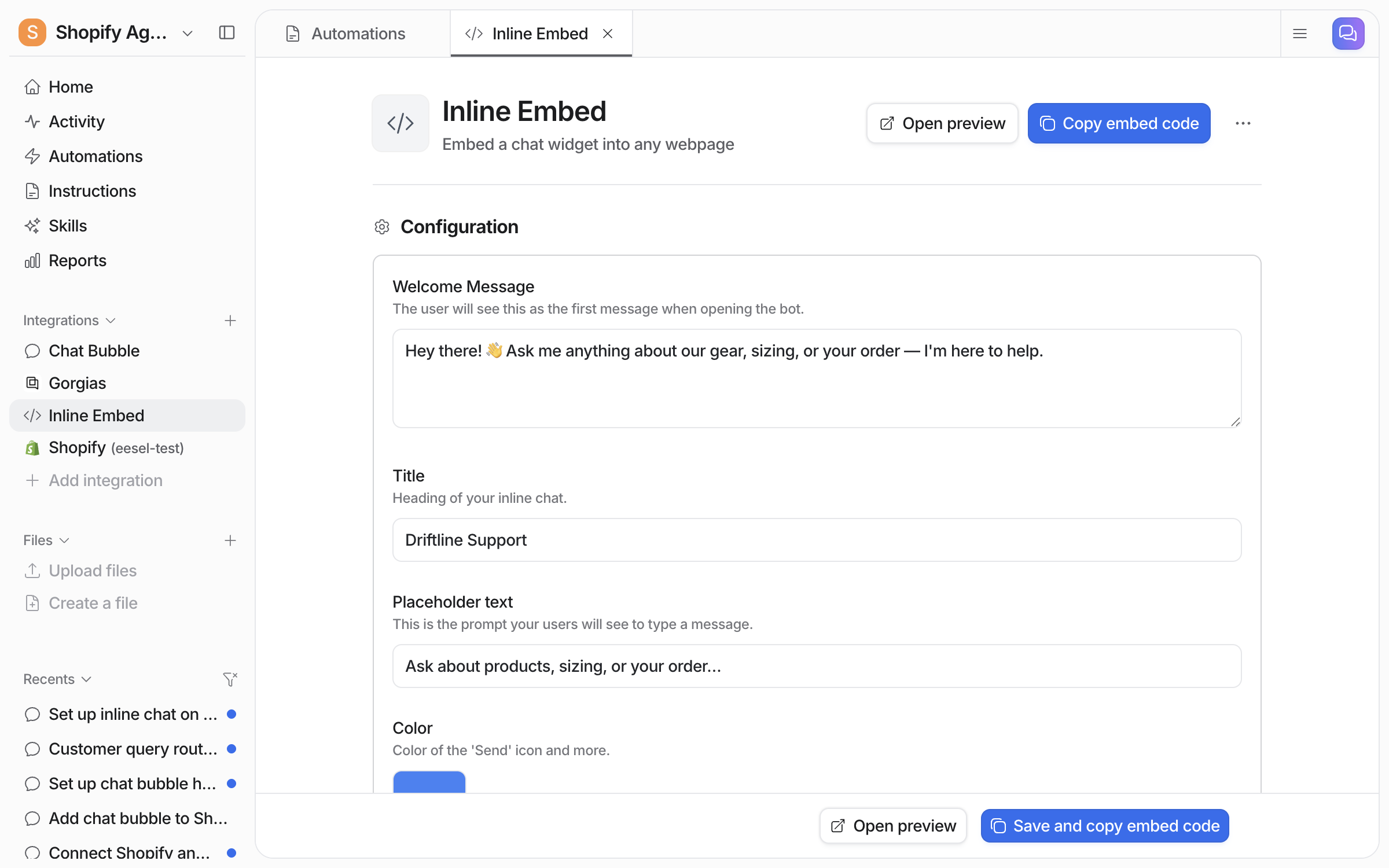 The Inline Embed settings page with Open preview and Copy embed code at the top, and the Welcome Message, Title and Placeholder text fields filled in