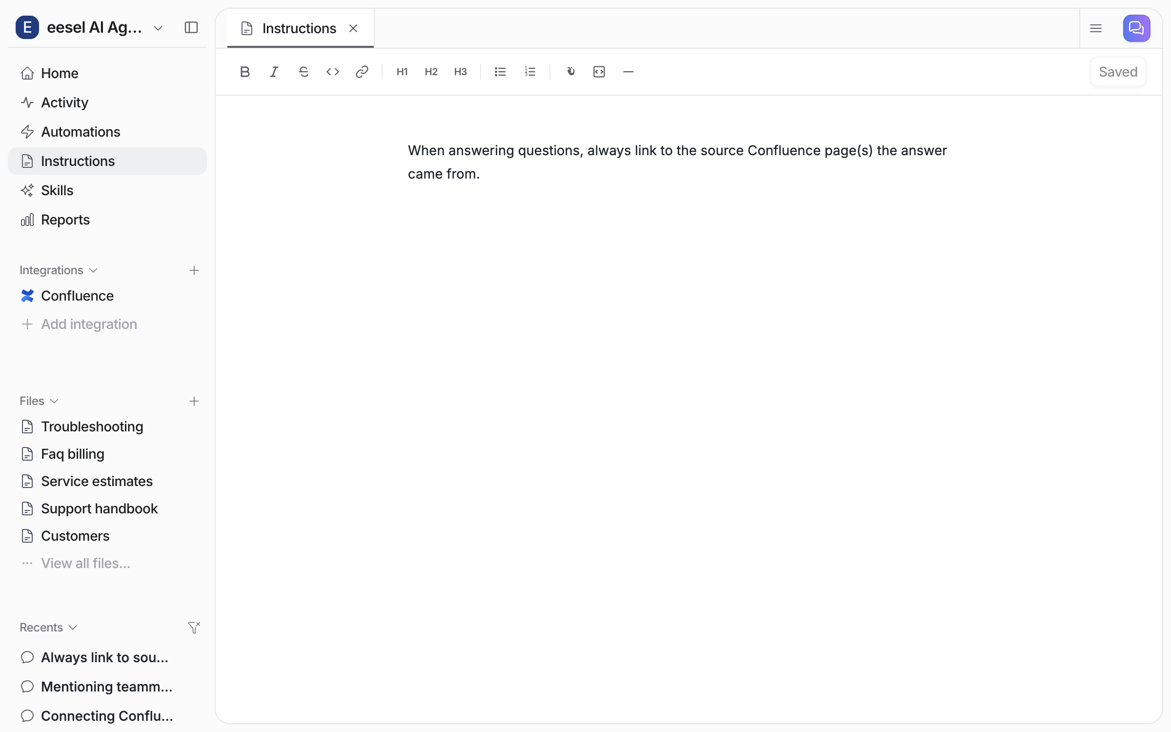 The Instructions page in the dashboard, showing the saved instruction text