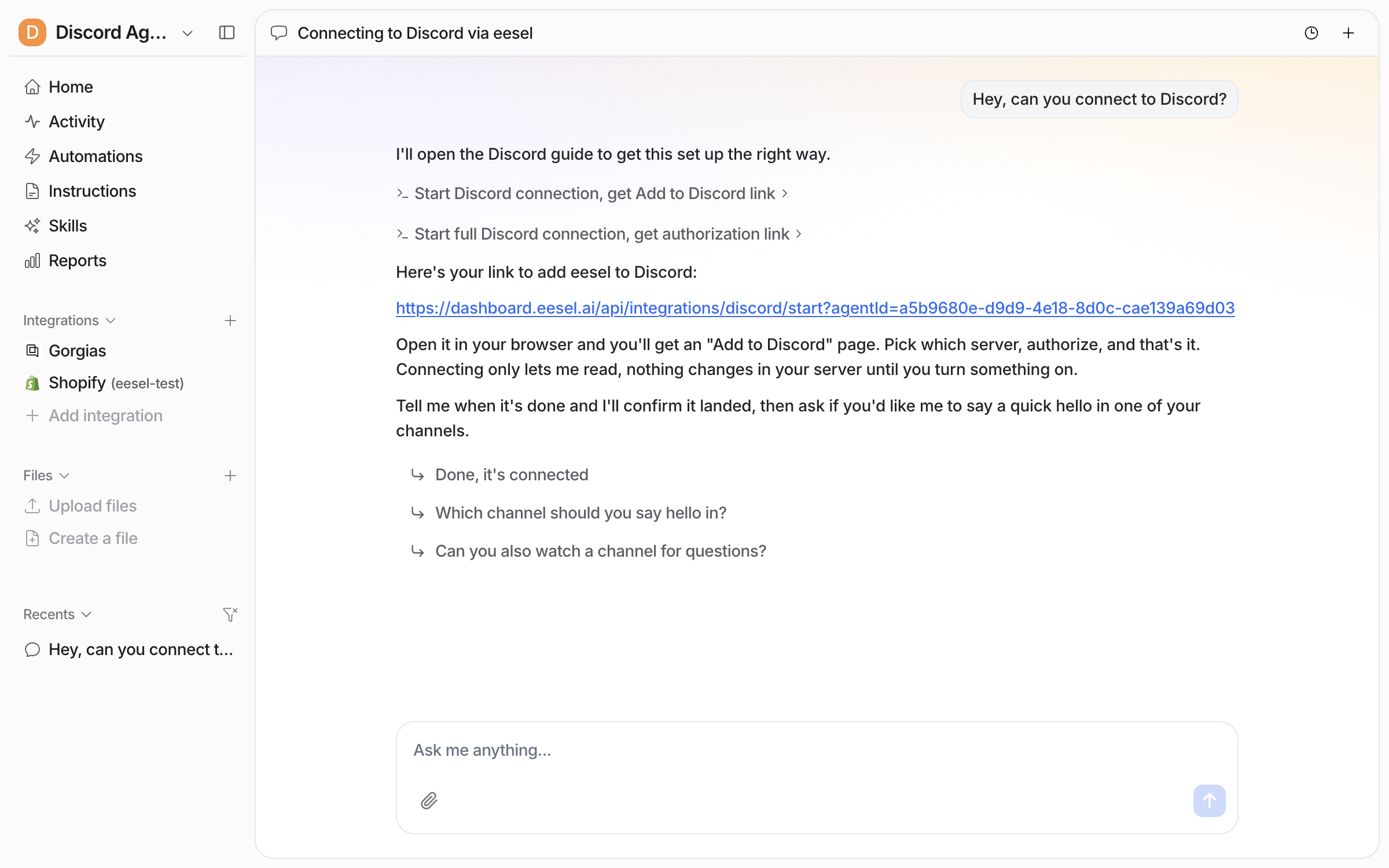 The dashboard chat where the user asks to connect Discord and the agent replies with a link to add eesel to Discord and says it will offer to say hello once connected