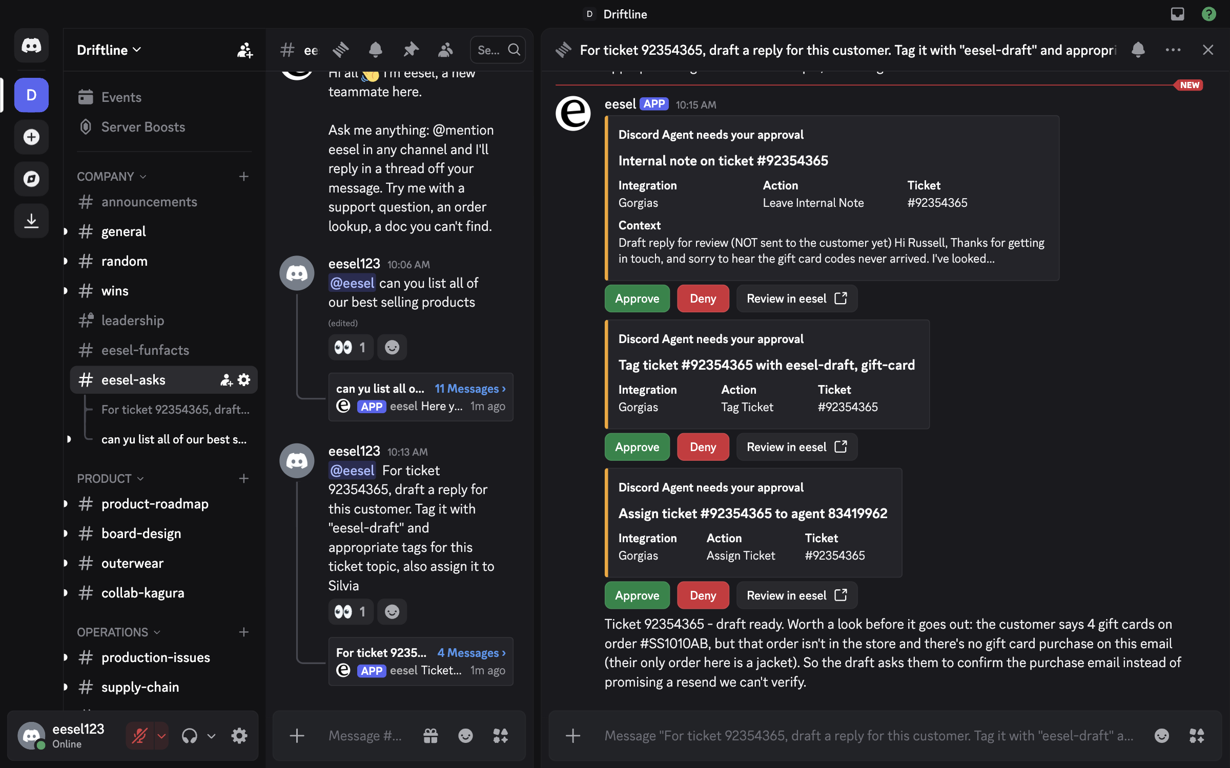 Three approval cards from eesel in a Discord thread, to leave an internal note, tag the ticket and assign it, each with Approve, Deny and Review in eesel, then eesel's summary of the ticket
