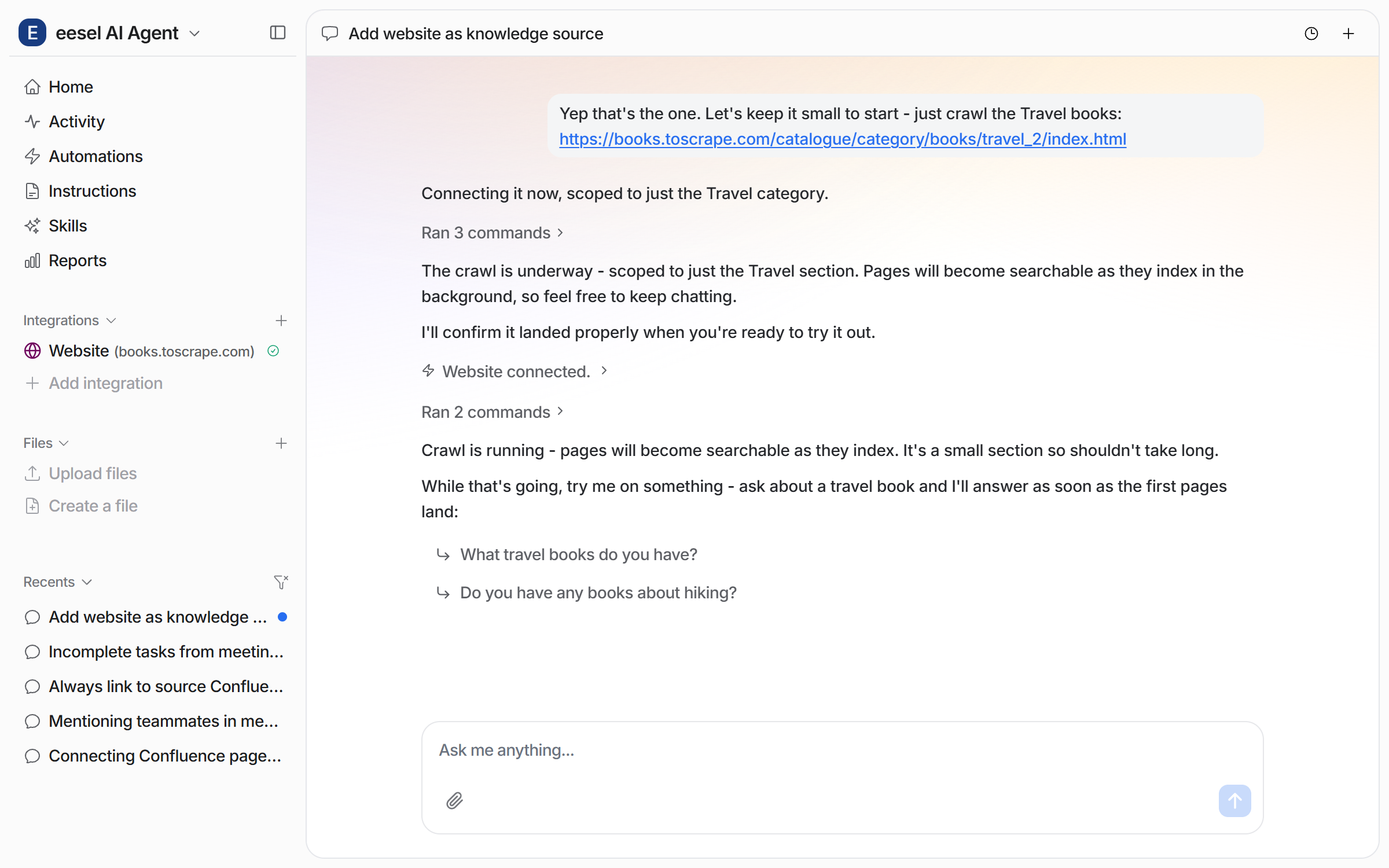 The dashboard chat where the agent reports the crawl is running, confirms Website connected, and suggests test questions, with the Website integration in the sidebar