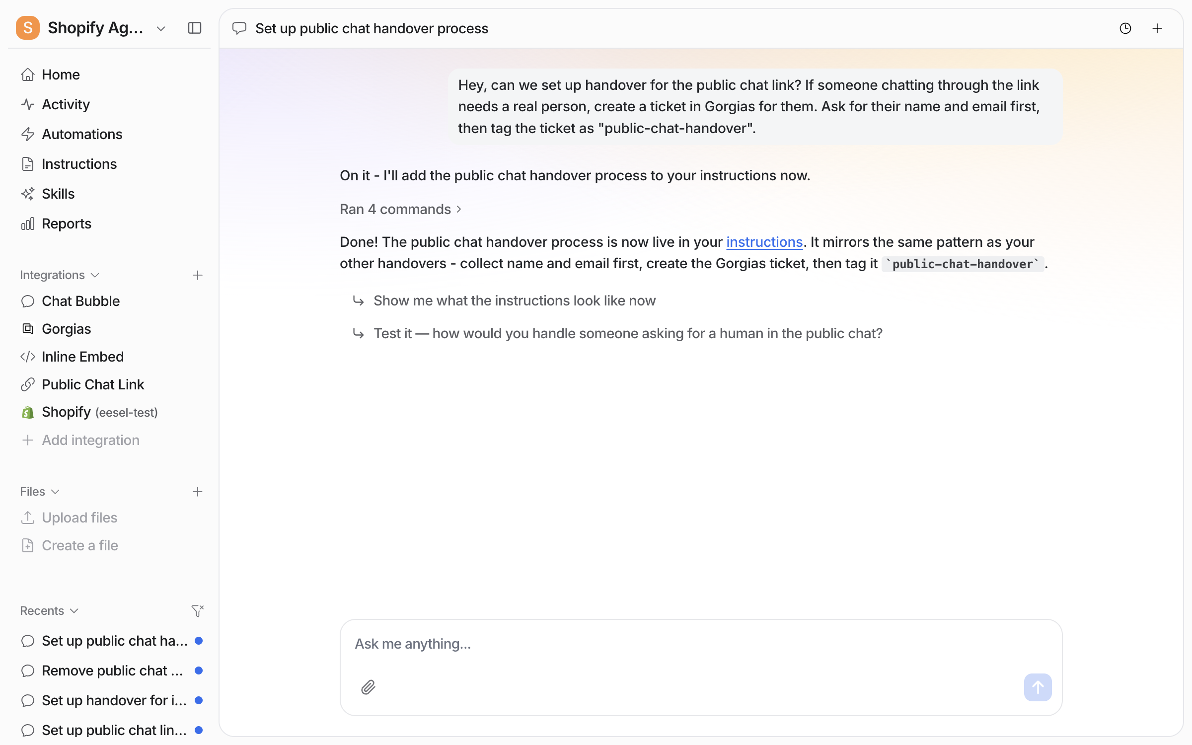 The dashboard chat where the user asks for public chat handover to Gorgias, and the agent confirms it added the process to the instructions with the public-chat-handover tag