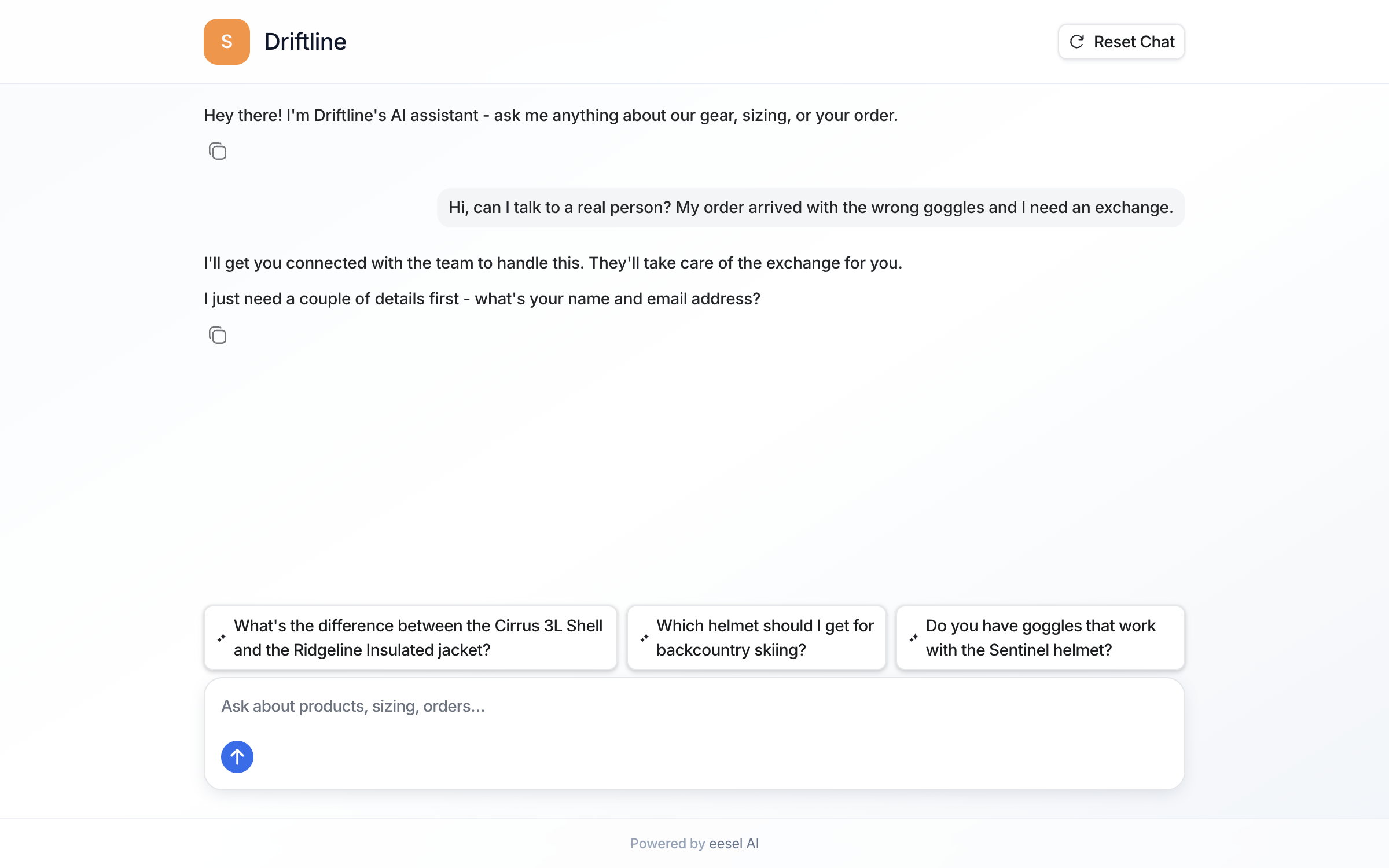 The public chat page where a visitor asks for a real person about wrong goggles in their order, and the agent asks for their name and email address