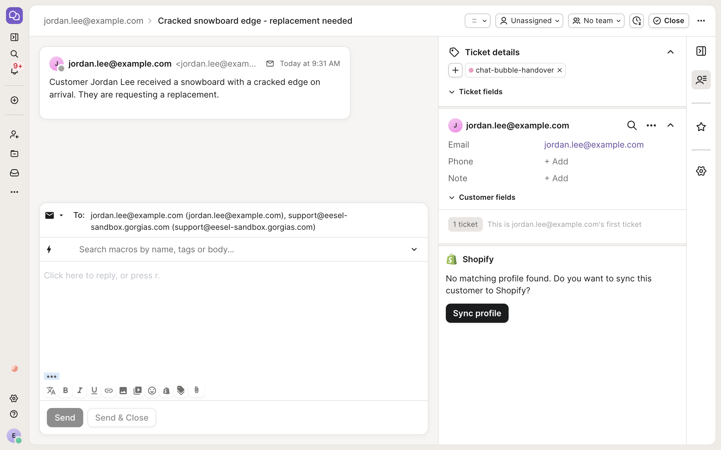 A Gorgias ticket opened from a chat bubble handover, showing the visitor's email address as the requester, a summary of the conversation as the first message, and a handover tag in the ticket details panel