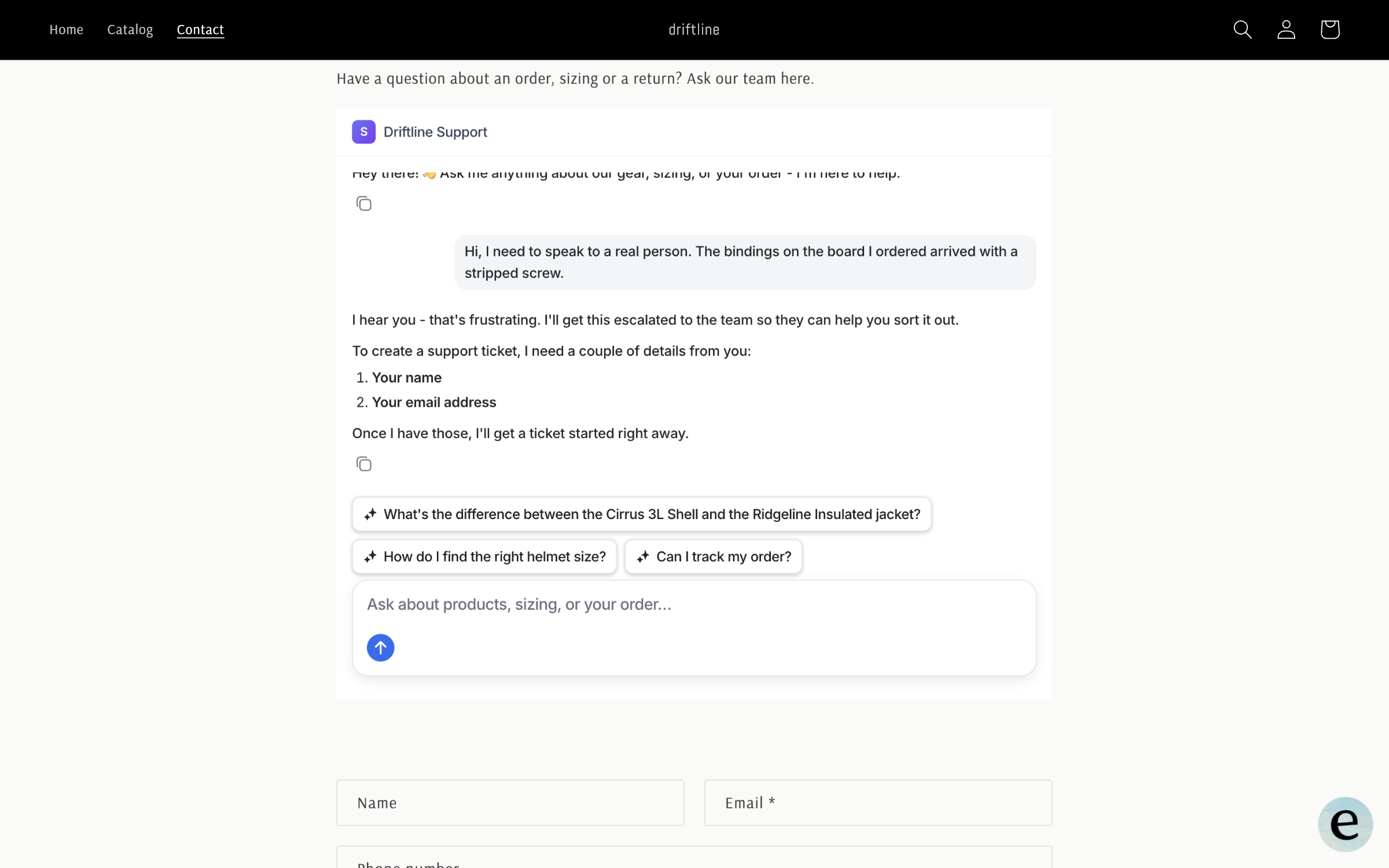 The embedded chat where a visitor asks for a real person about a stripped screw on their bindings, and the agent asks for their name and email address