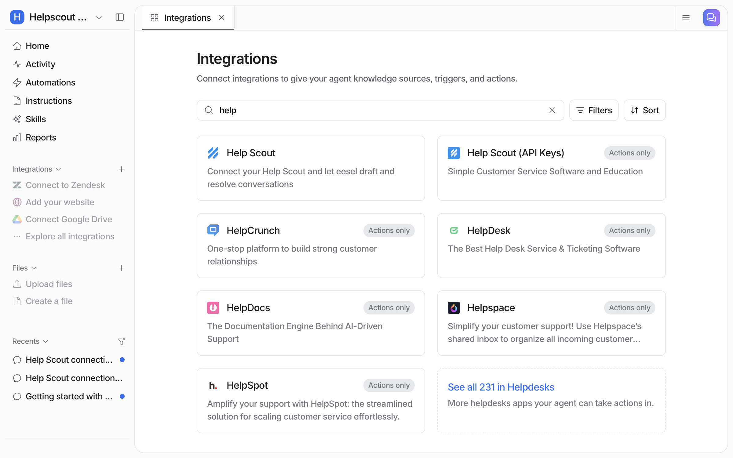 The eesel Integrations page filtered by the word help, showing the Help Scout tile