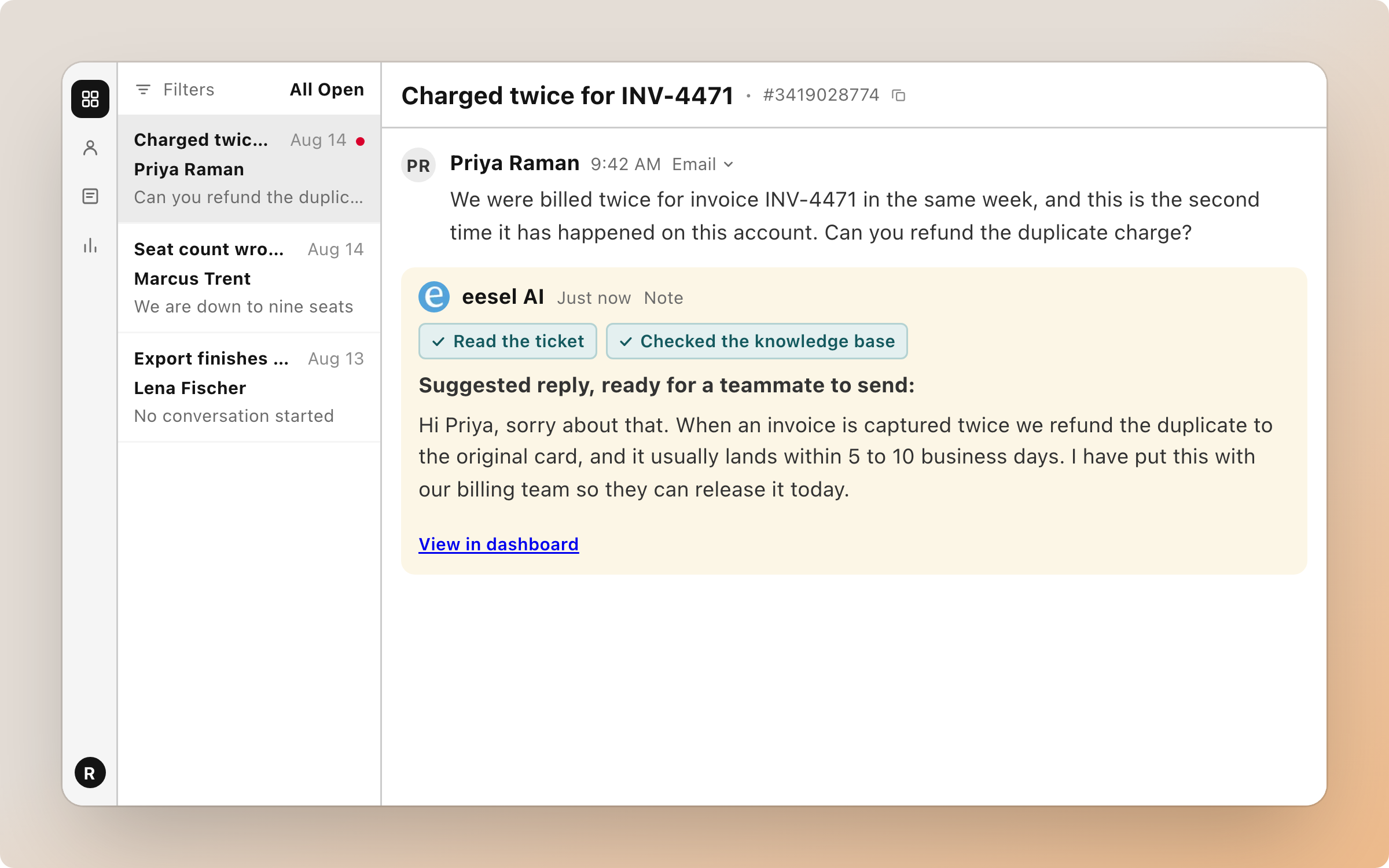 A HubSpot ticket about a duplicate invoice charge, with eesel AI posting an internal comment showing it read the ticket and checked the knowledge base