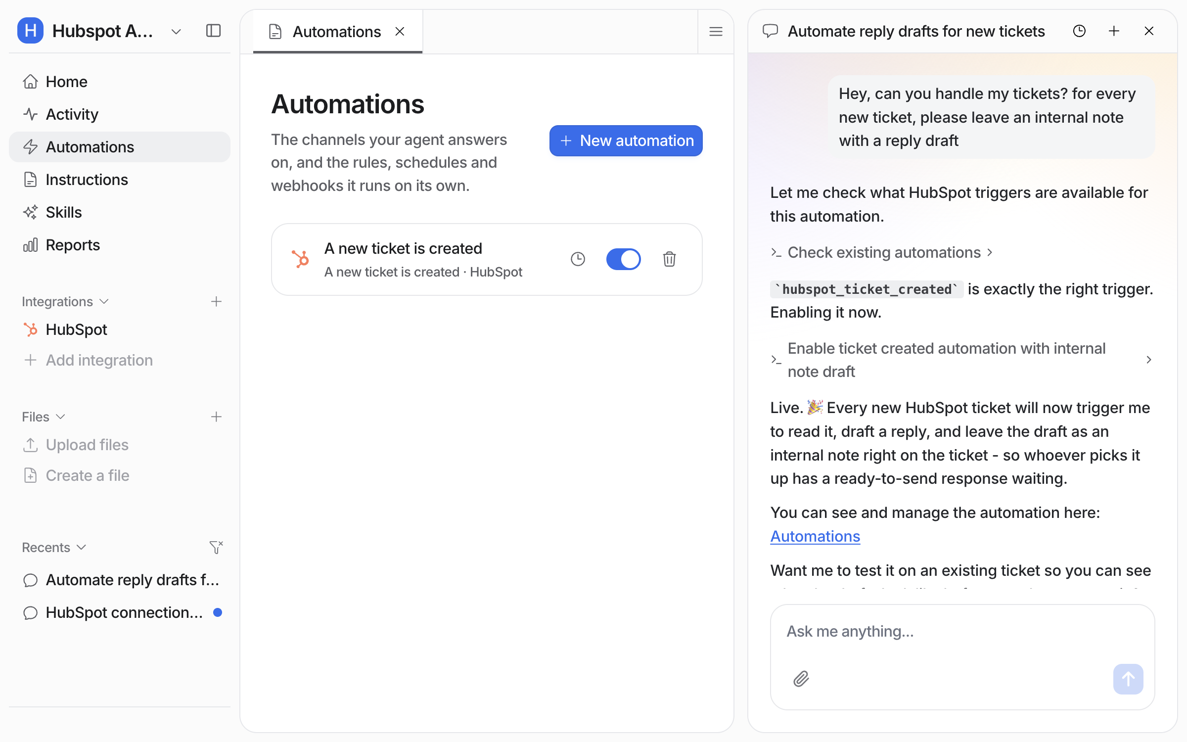 The Automations page in eesel with the HubSpot rule listed and toggled on