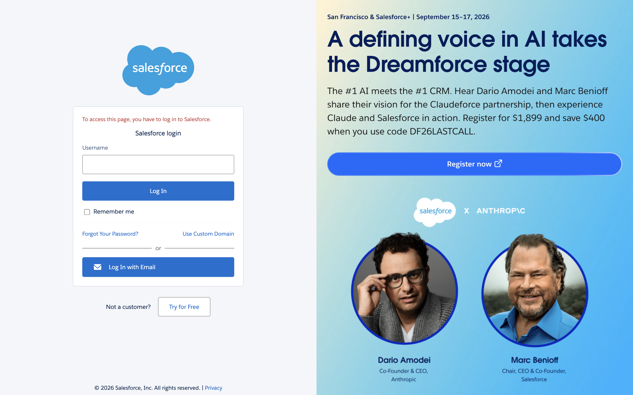 The Salesforce login page, asking the user to log in before the install page opens