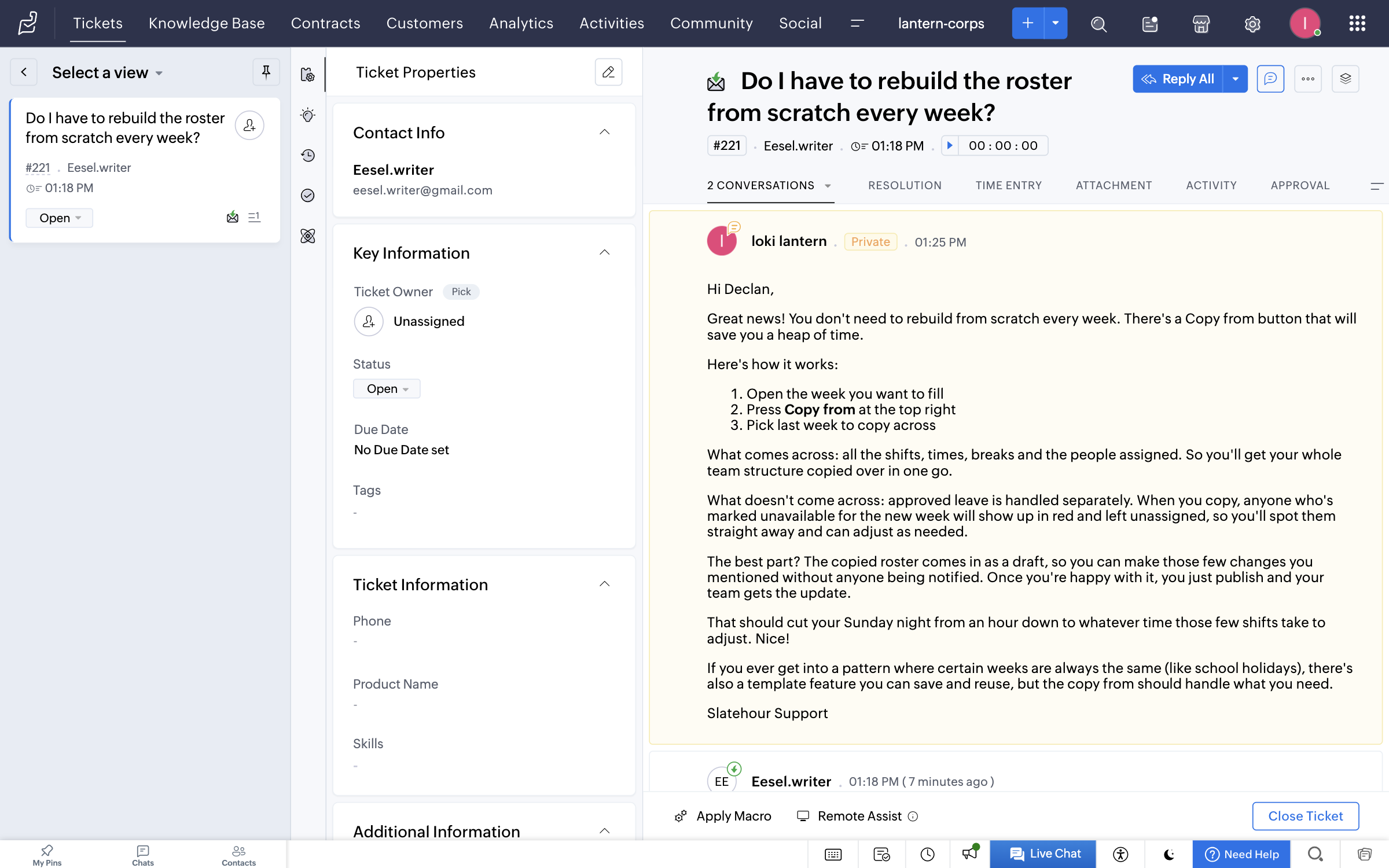 A Zoho Desk ticket with a private comment from eesel holding a drafted reply, marked Private so only the team can see it