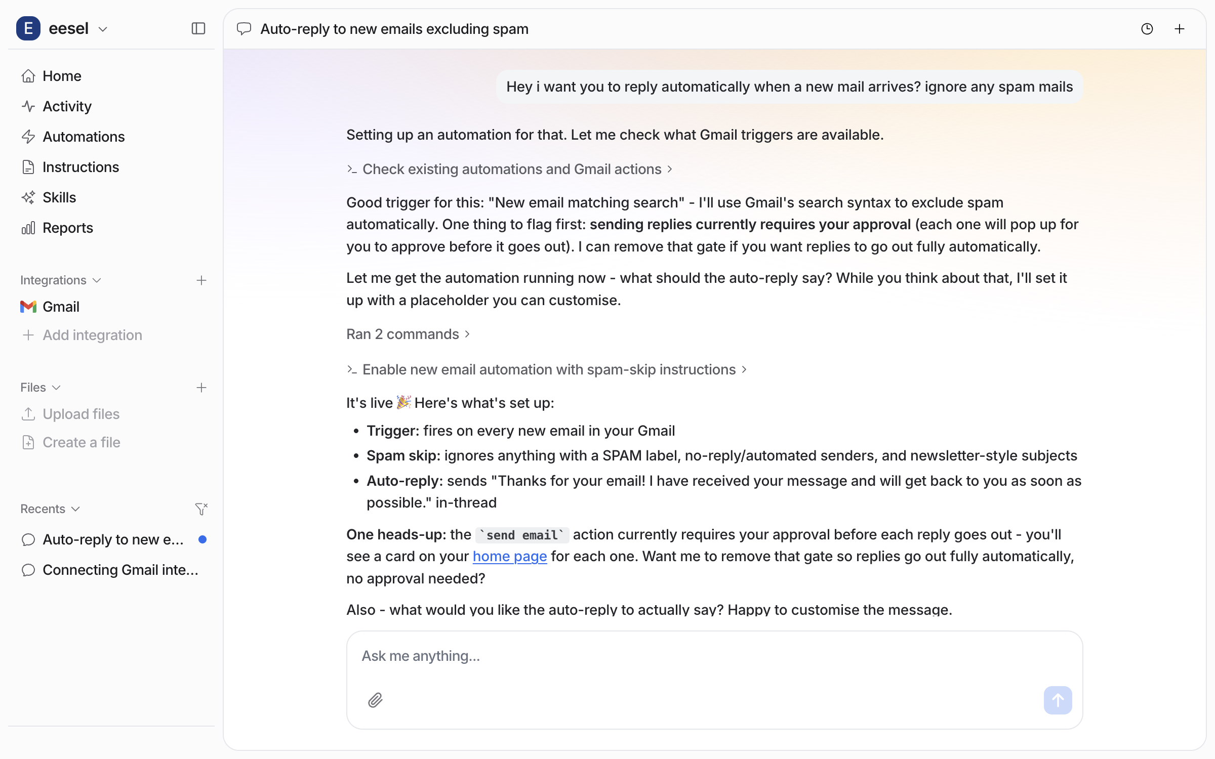 The dashboard chat where the user asks for an automatic reply on new mail, and the agent reports the trigger it chose, the mail it will skip, the reply it will send and the action still waiting on approval
