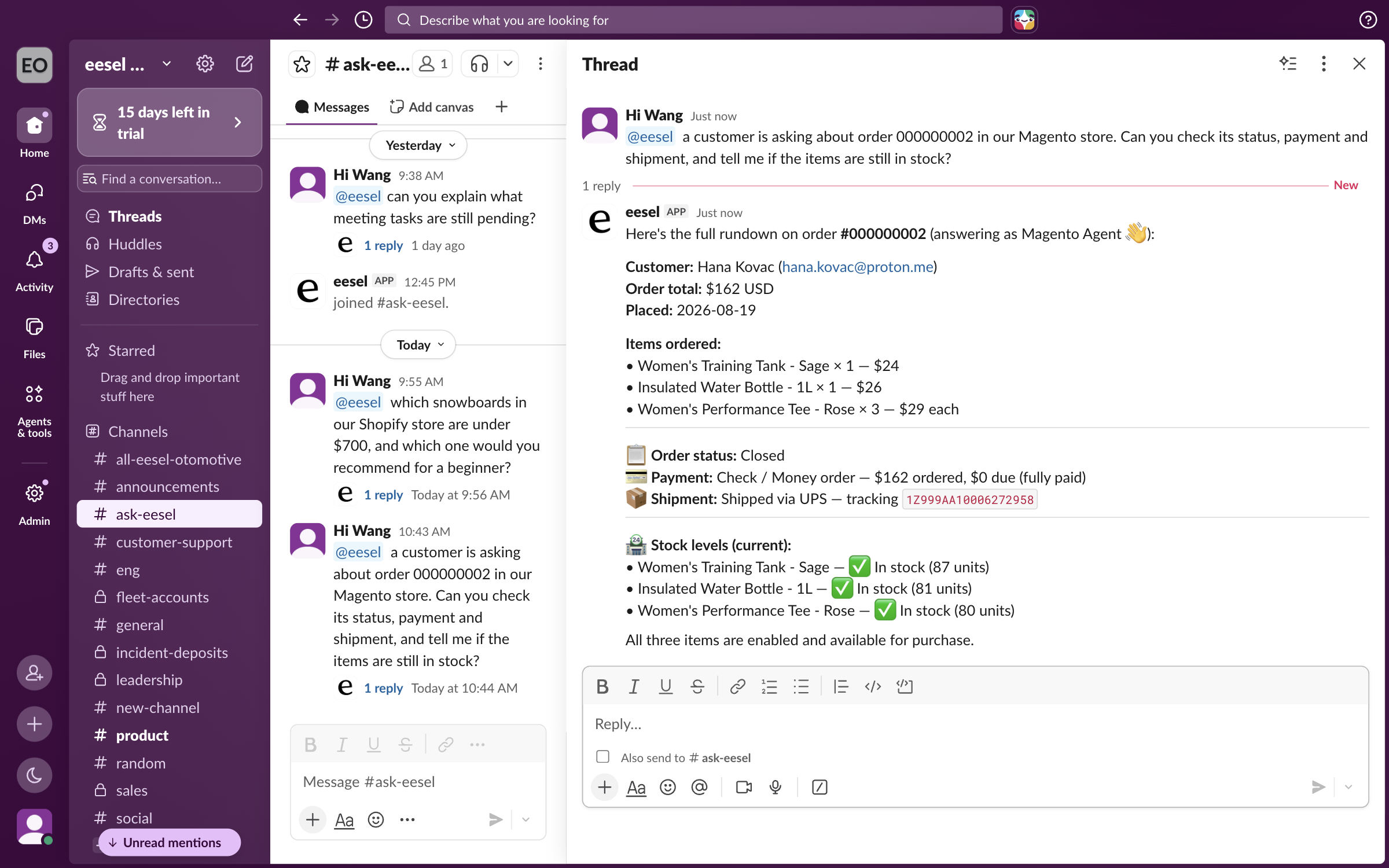 A Slack thread where a teammate mentions eesel about an order and your agent answers with the customer, items, status, payment, shipment tracking and current stock for each item