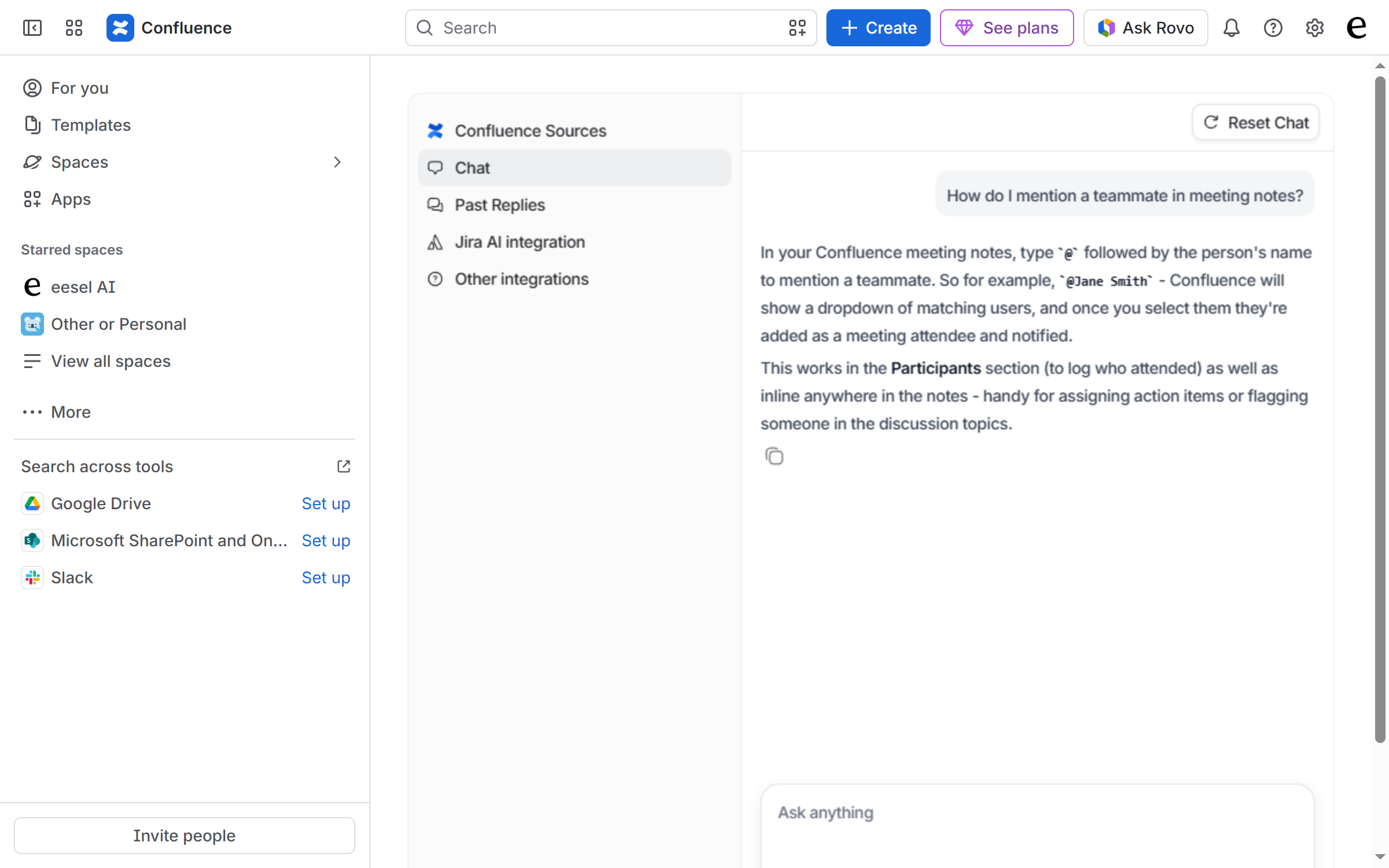 The Chat tab of the eesel app inside Confluence, answering a question from the indexed Confluence pages