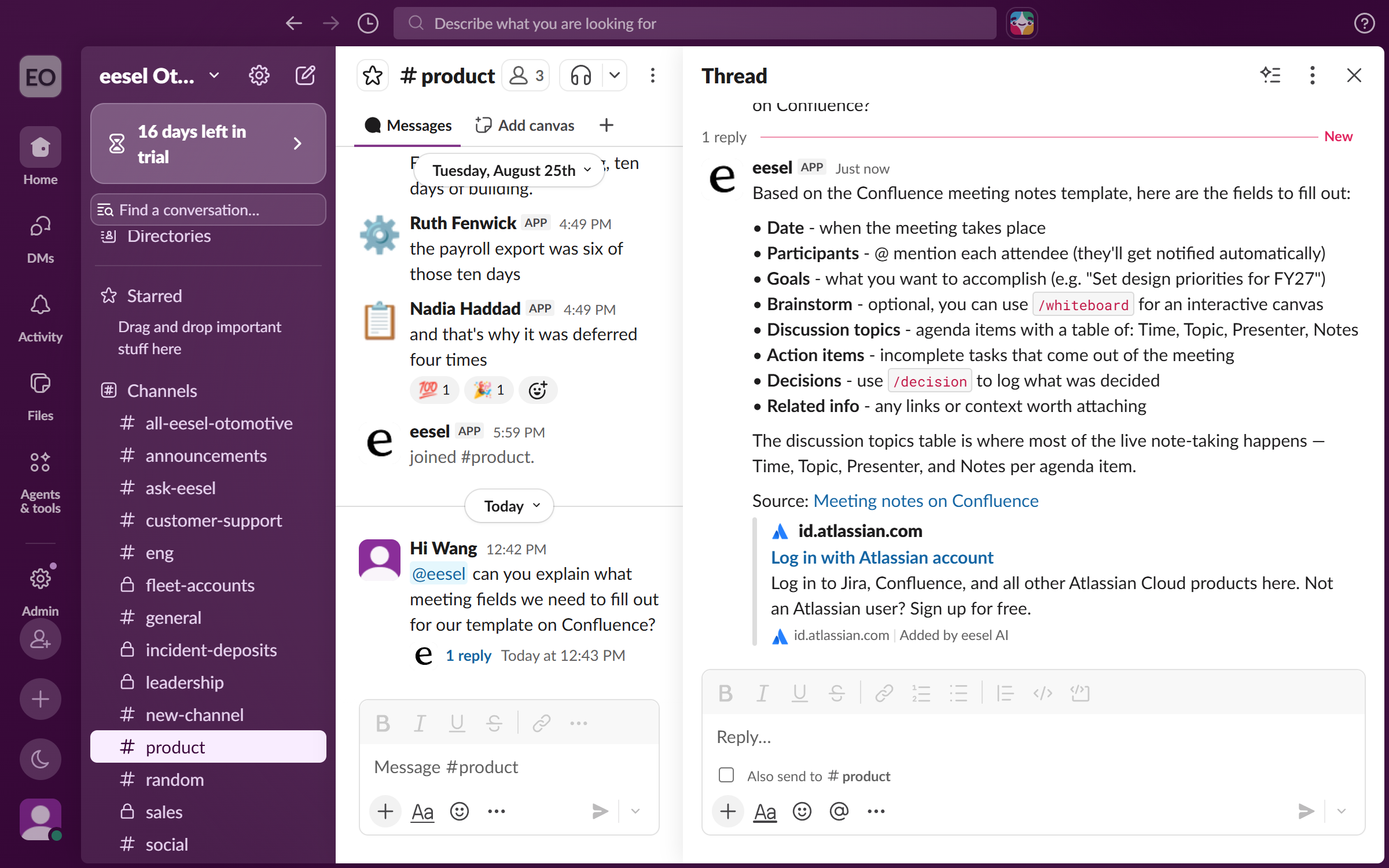 A Slack channel where a teammate mentions the eesel app with a question, and it answers in the thread and links the source Confluence page