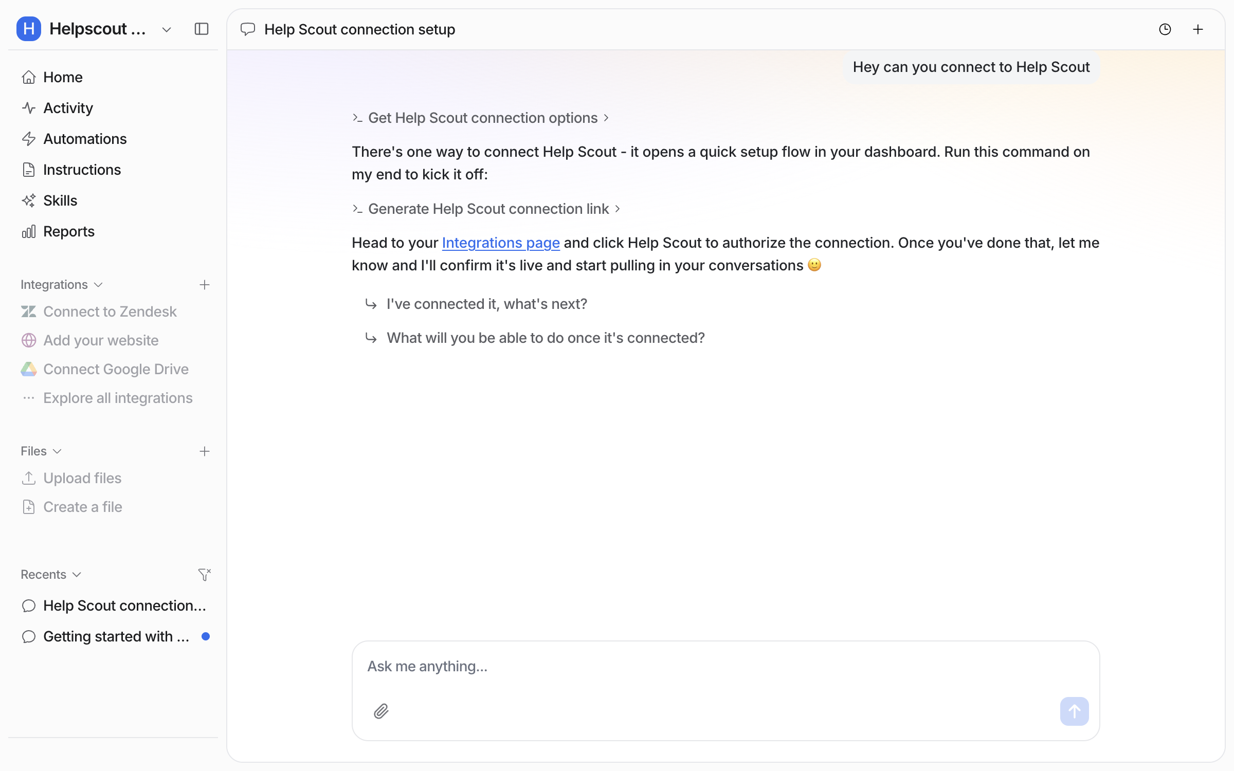 The dashboard chat where the user asks to connect Help Scout, and the agent replies that there is one way to connect and links to the Integrations page
