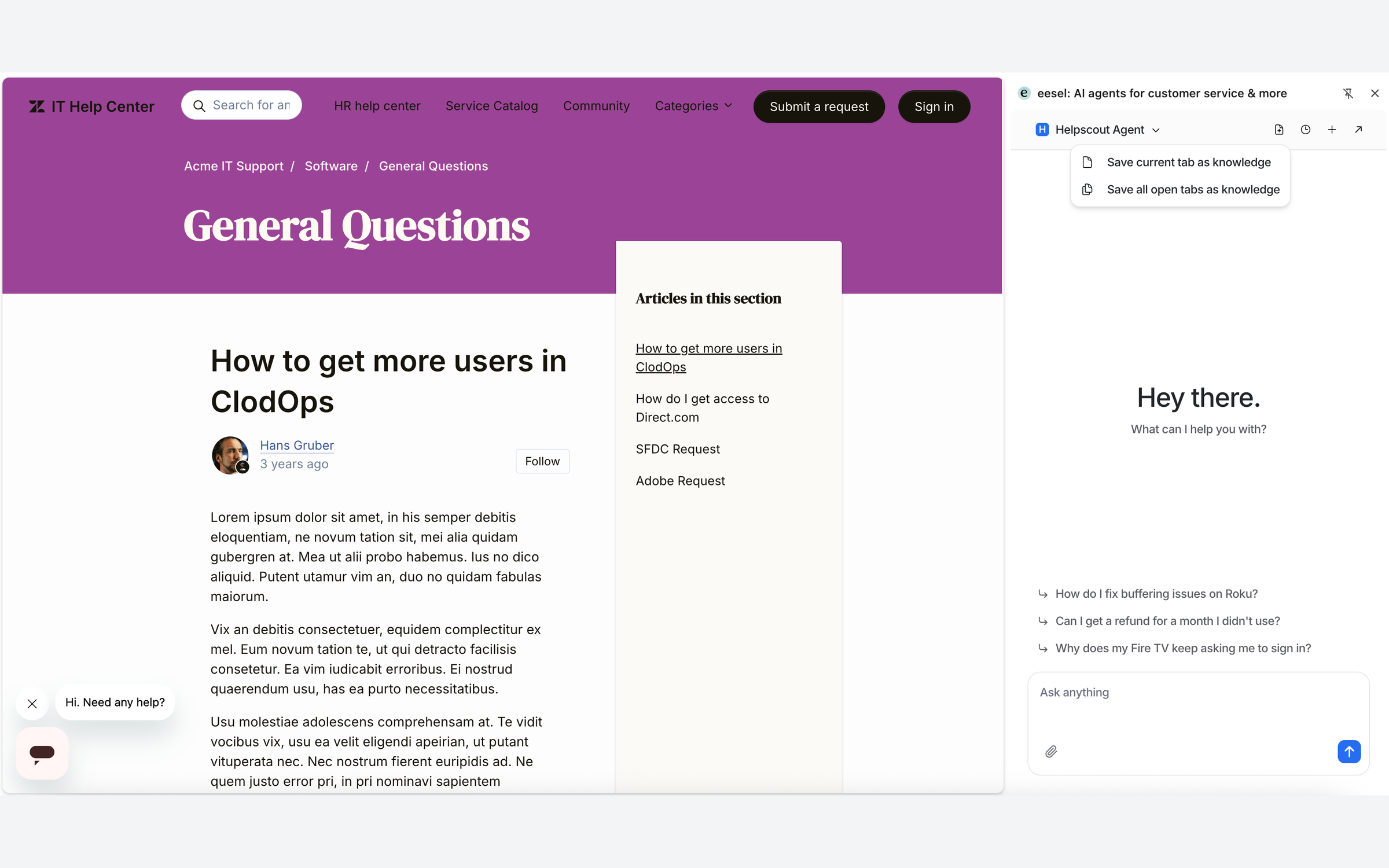 A Zendesk help-center article open in the browser with the eesel side panel beside it, and the panel's document icon menu open