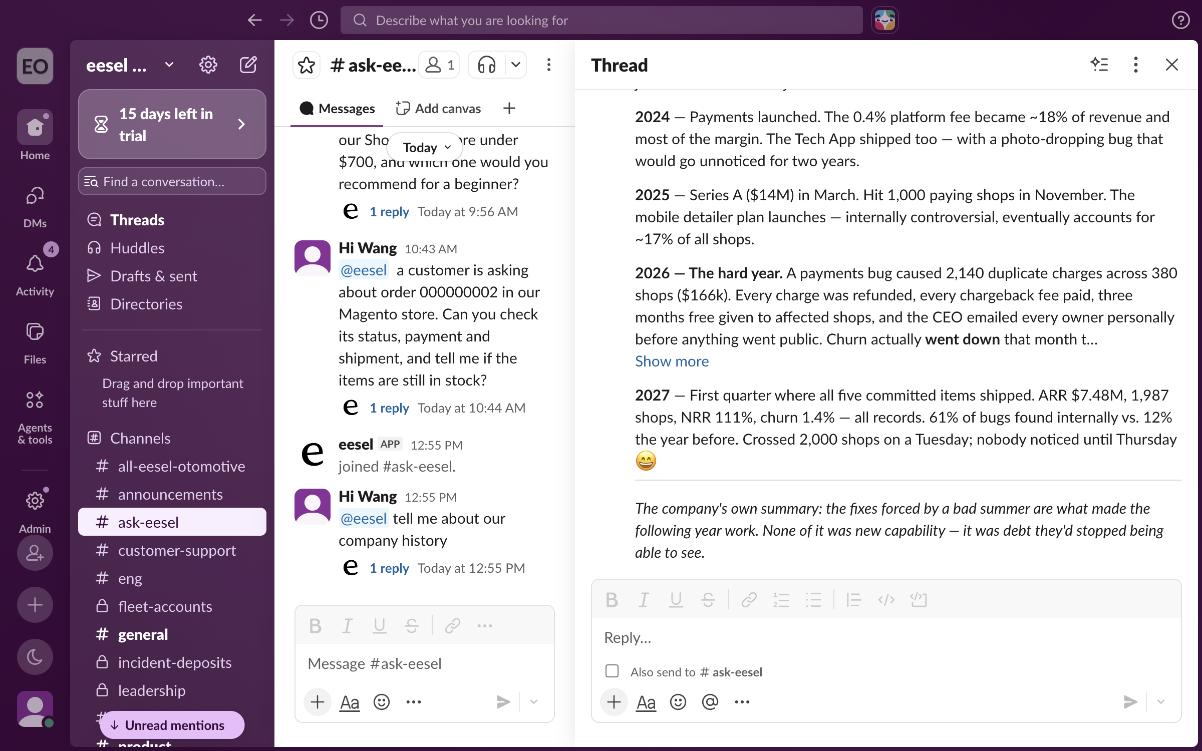 A Slack thread where a teammate mentions eesel to ask about company history and the eesel app answers in the thread from the Notion pages