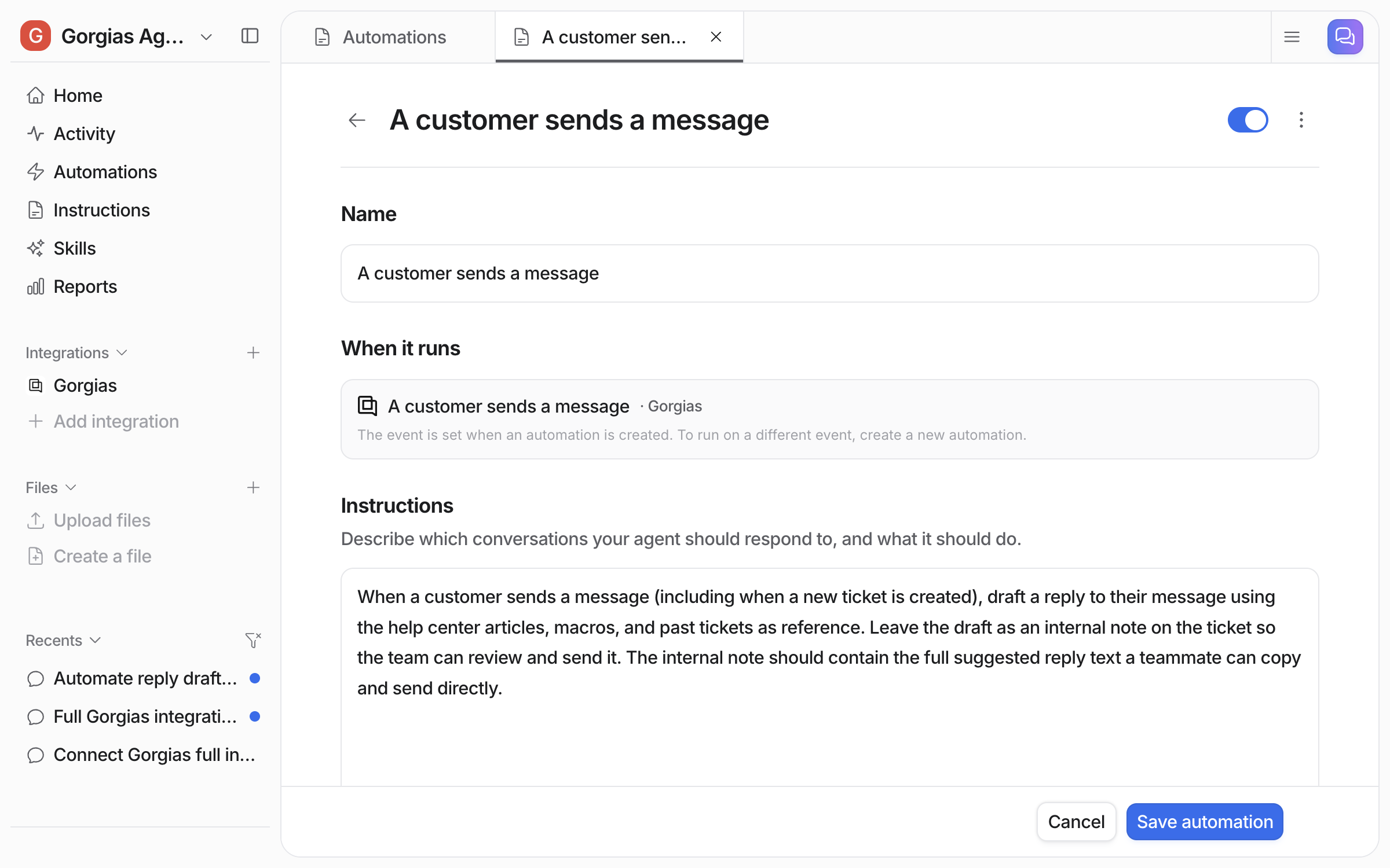 The automation editor showing its name, the Gorgias event it runs on, and the instructions telling the agent to draft a reply as an internal note