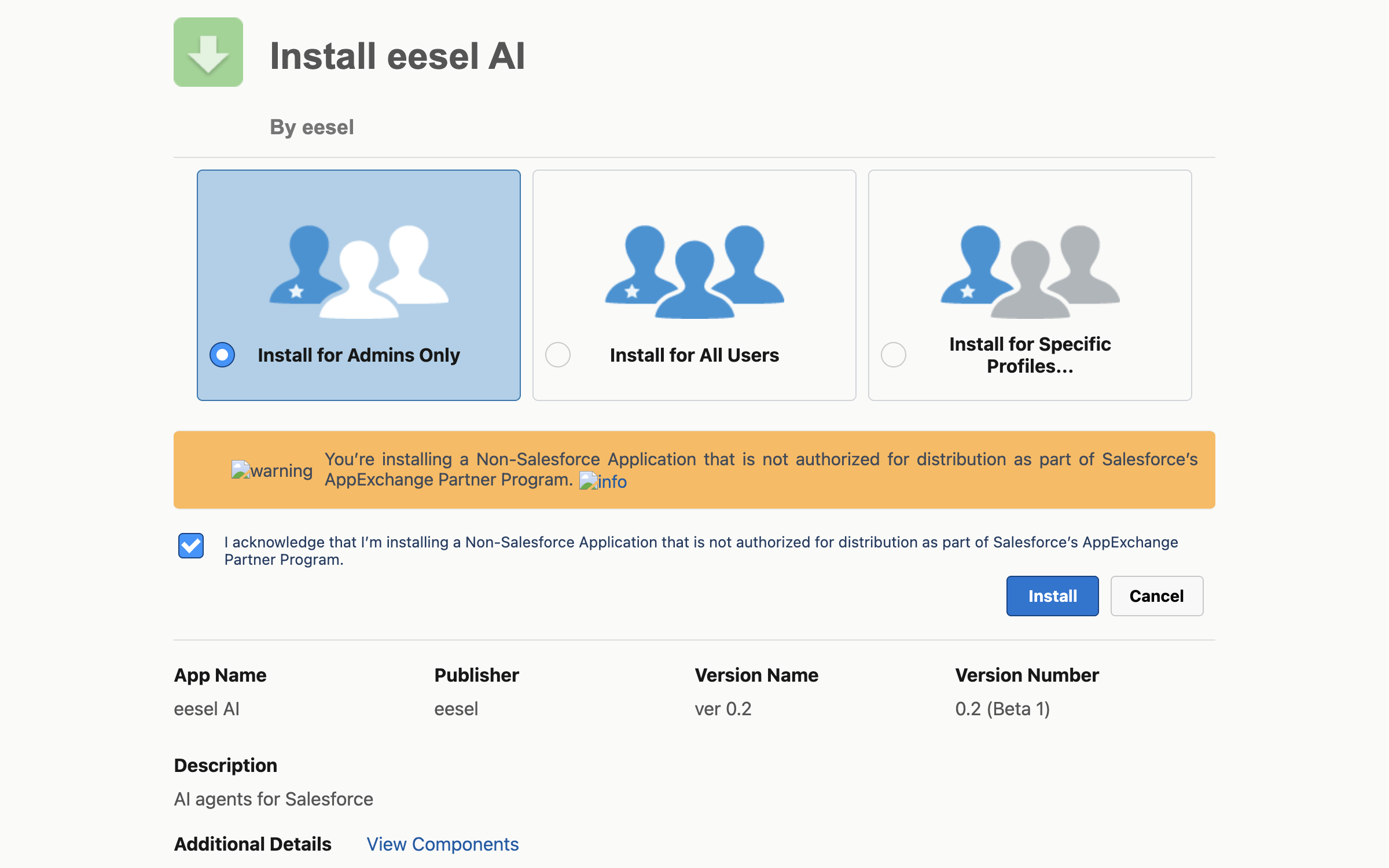 The Salesforce Install eesel AI page, with Install for Admins Only selected, the acknowledgement box ticked, and the Install button