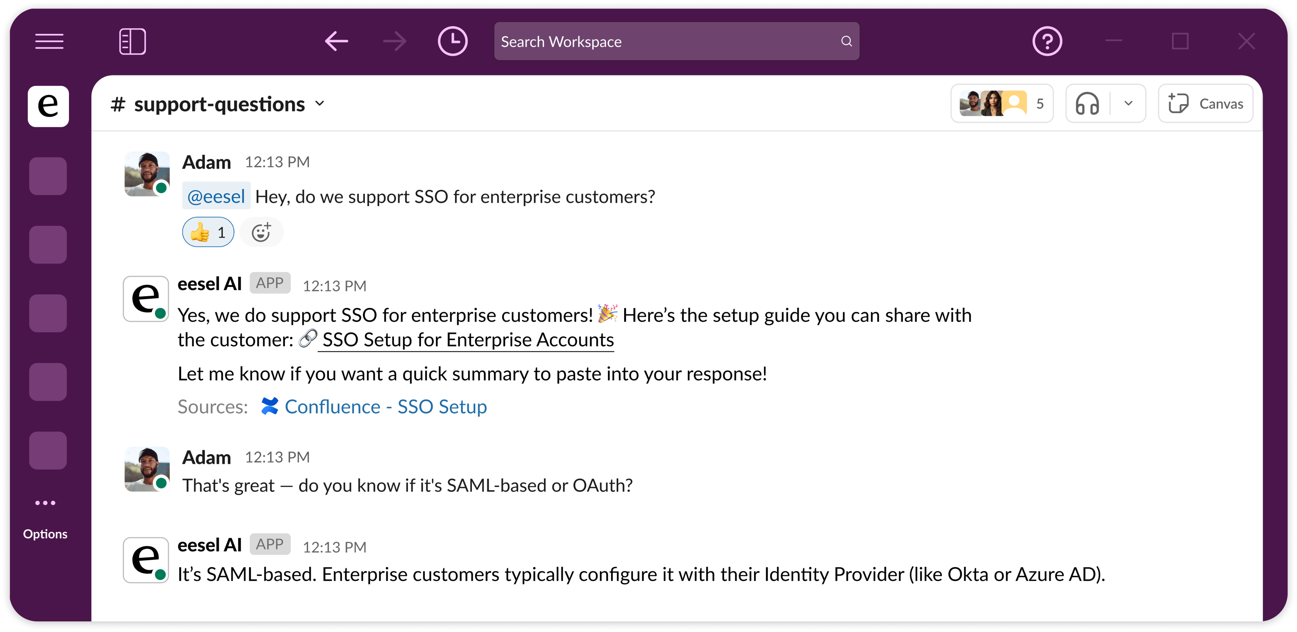 A team chat channel where someone asks whether the company supports SSO for enterprise customers, and eesel AI answers with a linked setup guide and cites the Confluence page it came from