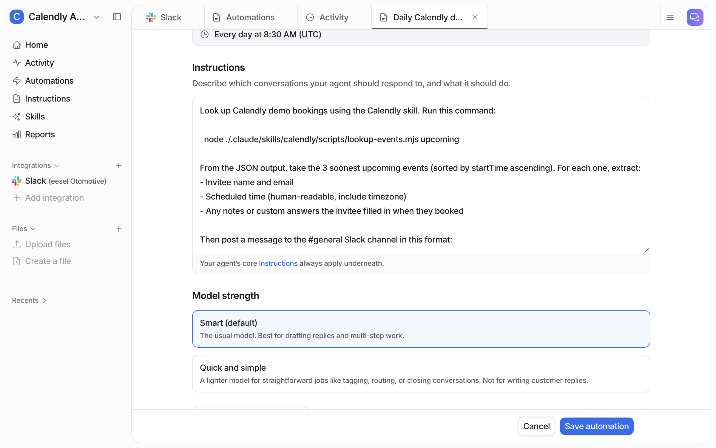 The schedule editor scrolled to the instructions, which say to look up upcoming Calendly bookings, take the three soonest, extract the invitee, time and booking notes, and post them to the general Slack channel