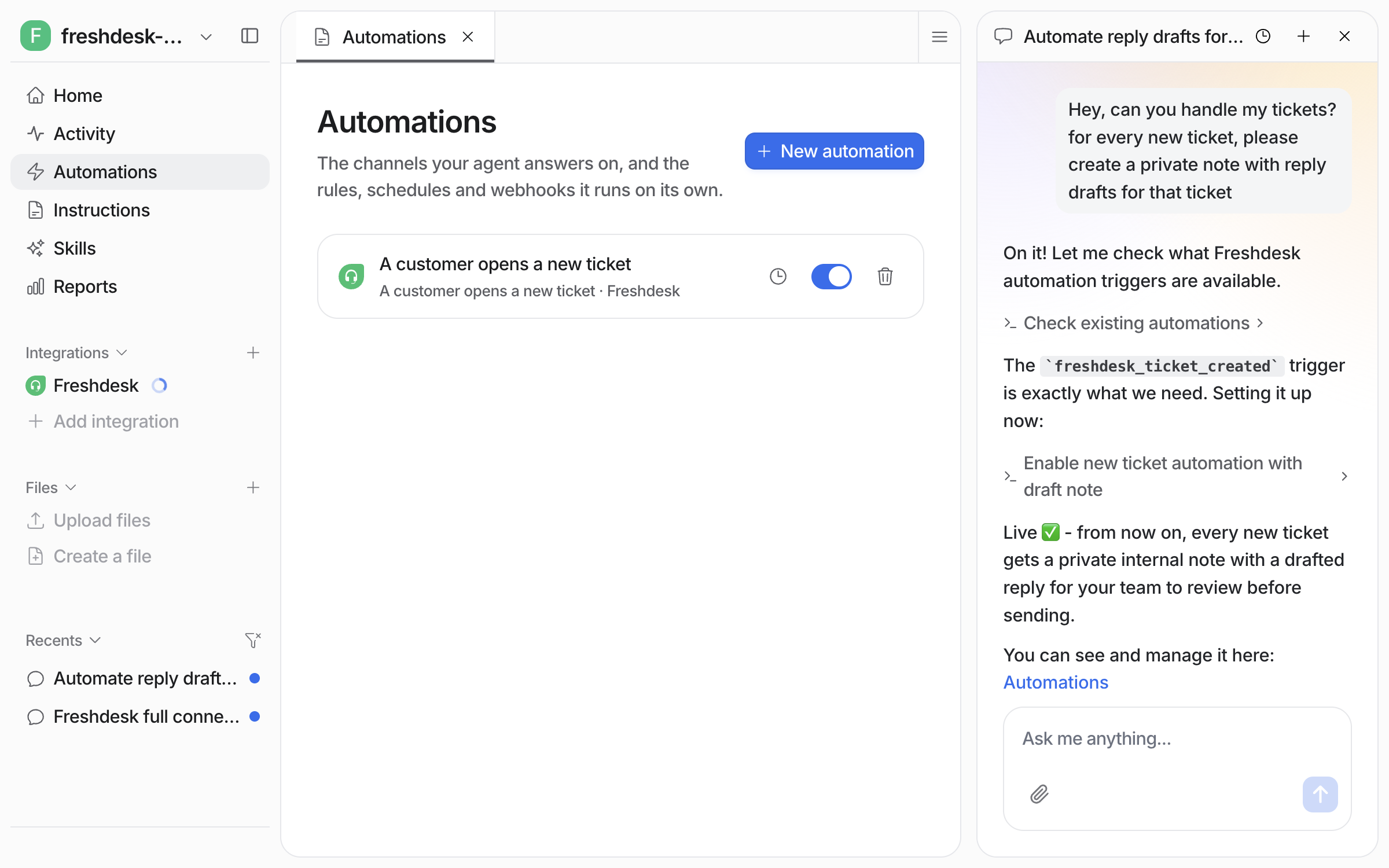 The Automations page in eesel with the new rule listed and toggled on