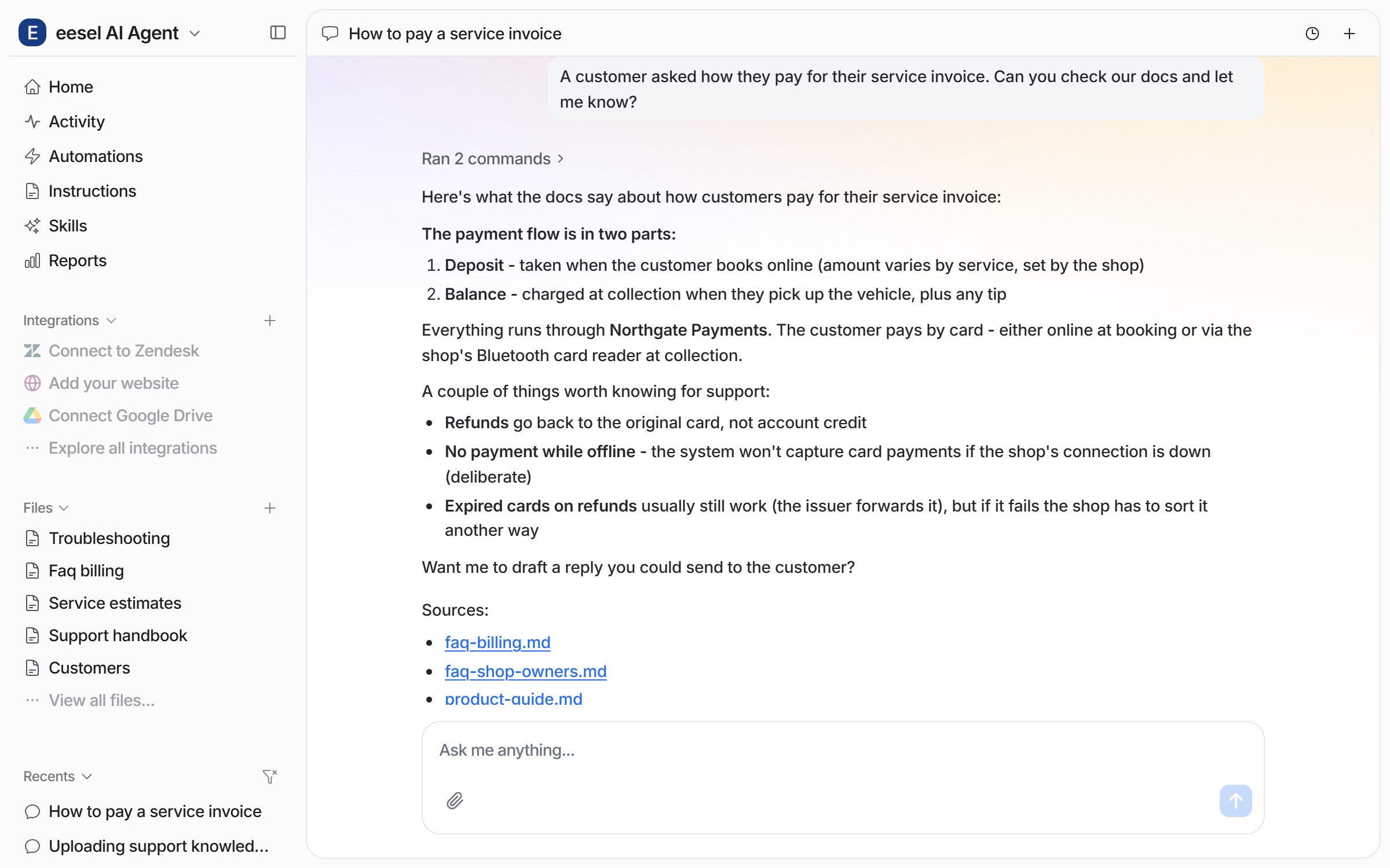 The dashboard chat where the user passes on a customer question, and the agent answers from the uploaded files, lists them under Sources, and offers to draft a reply