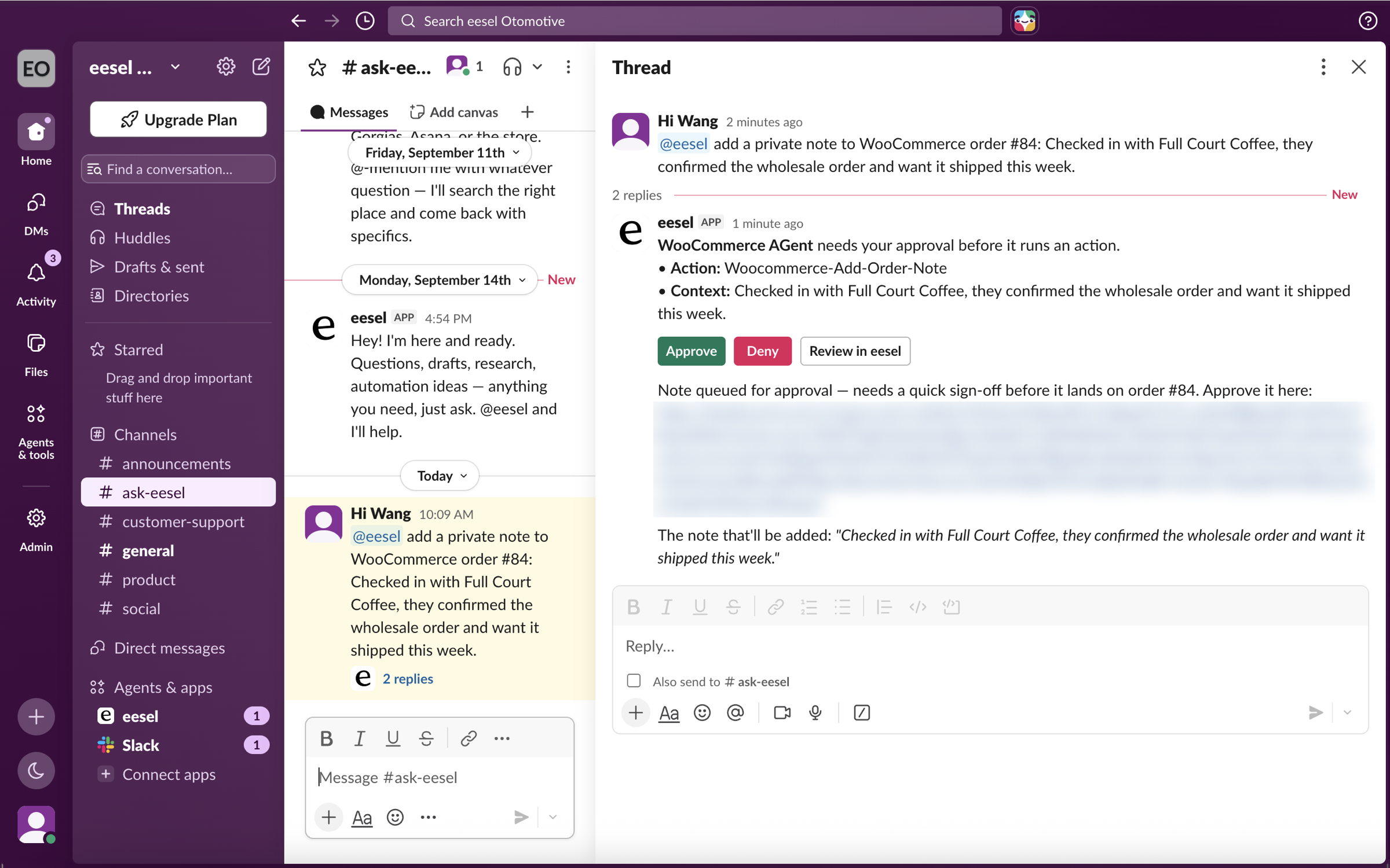 A Slack thread where a teammate asks eesel to add a private note to order 84, and eesel replies with an approval card showing the action, the note and Approve, Deny and Review in eesel buttons