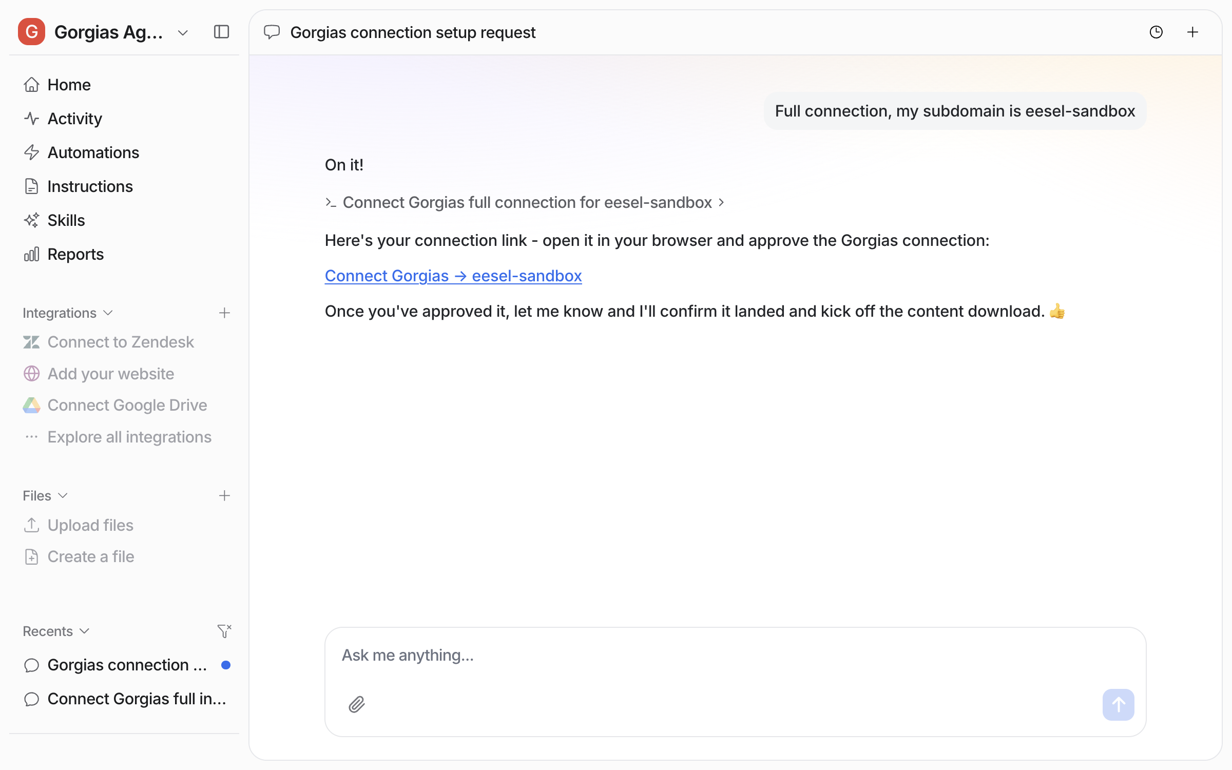 The dashboard chat with the Connect Gorgias approval link, and the agent explaining what happens after approval
