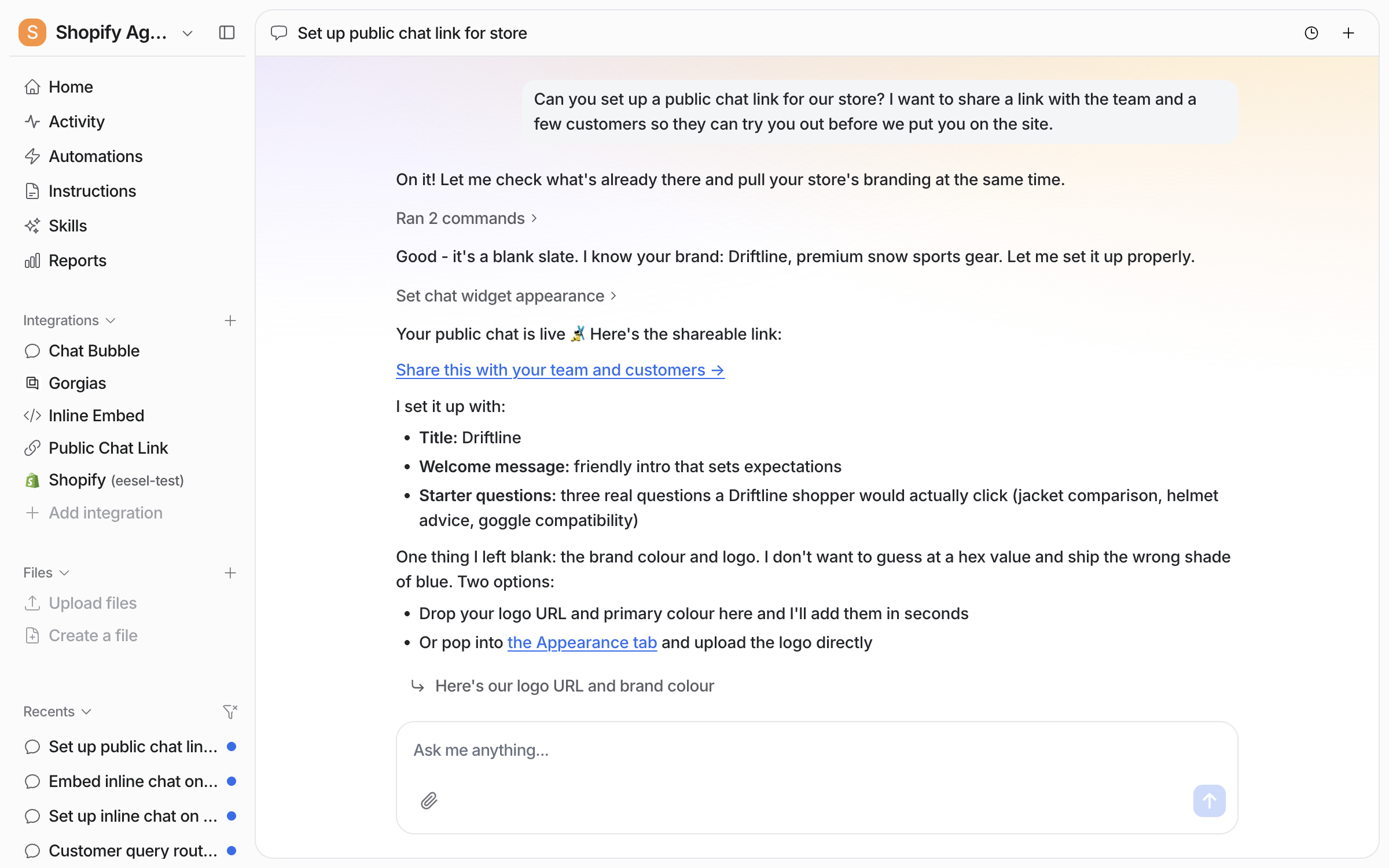 The dashboard chat where the user asks for a public chat link to share with the team and customers, and the agent posts the link and lists the title, welcome message and starter questions it set