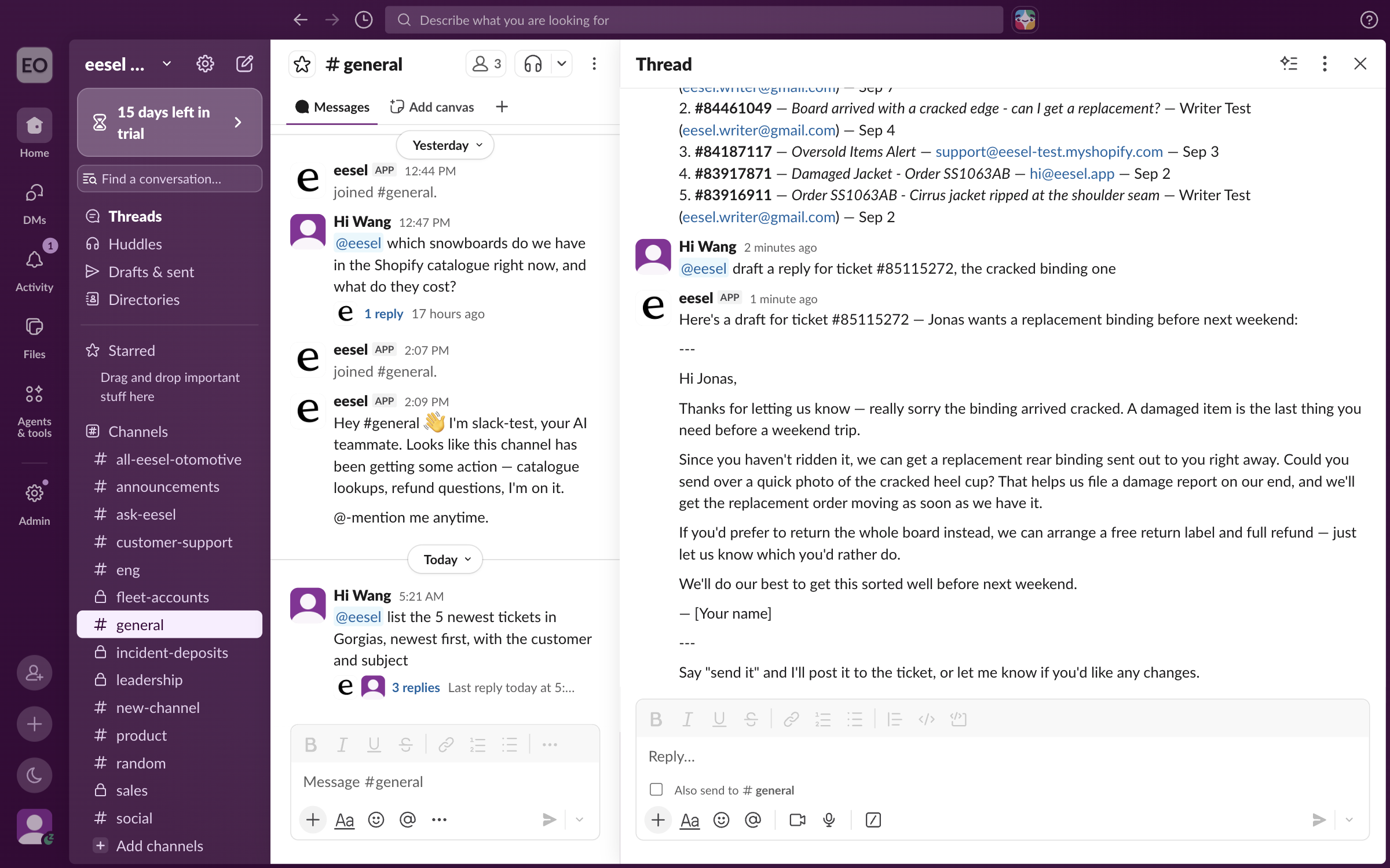 A Slack thread where the teammate asks for a draft reply and the app posts the full draft, ending with a line saying it will post it only when told