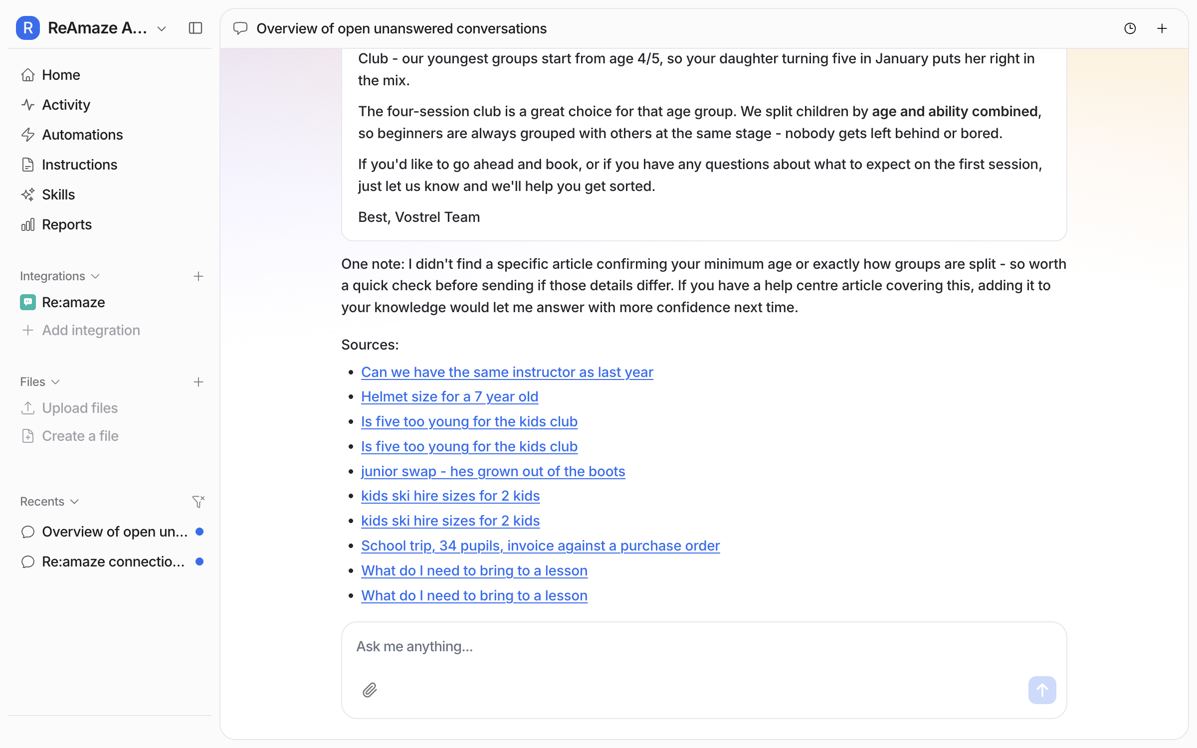 The same chat scrolled down, showing the agent's note that no article confirms one detail, above the list of conversations and articles it used as sources