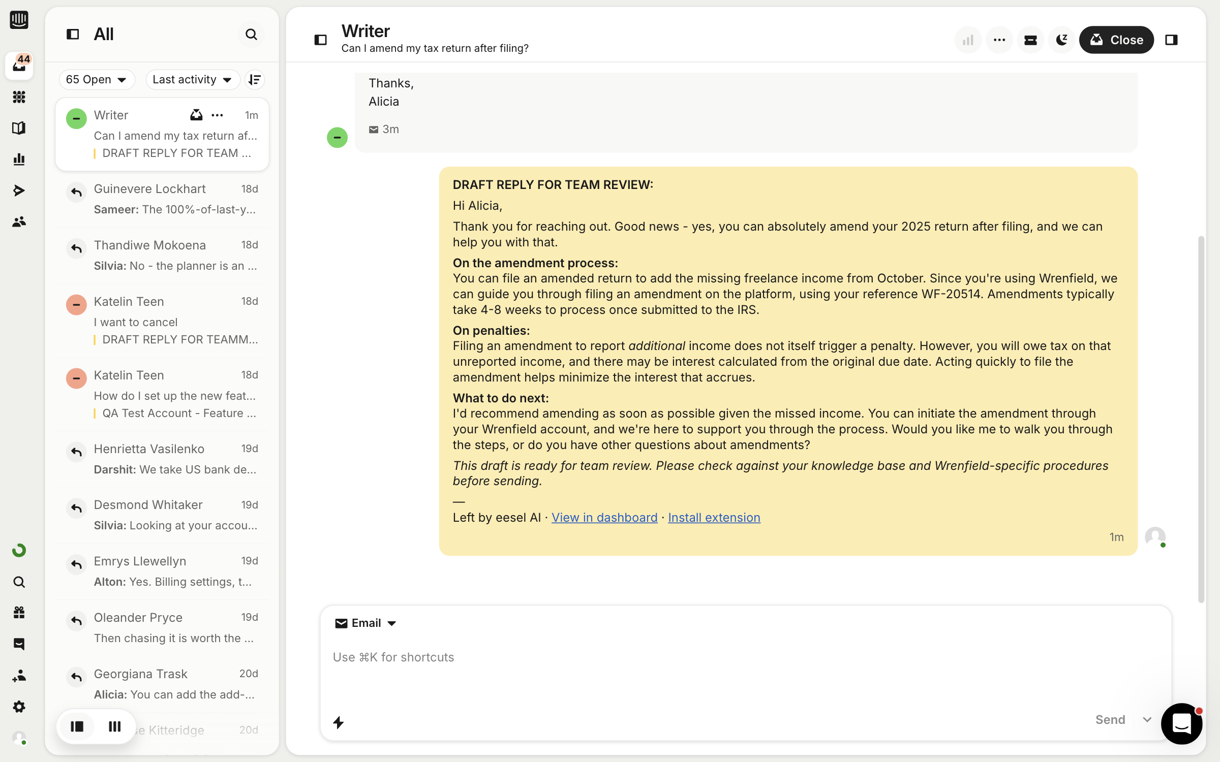 An Intercom conversation where eesel AI has left its drafted reply as an internal note, ending with a line saying it was left by eesel AI