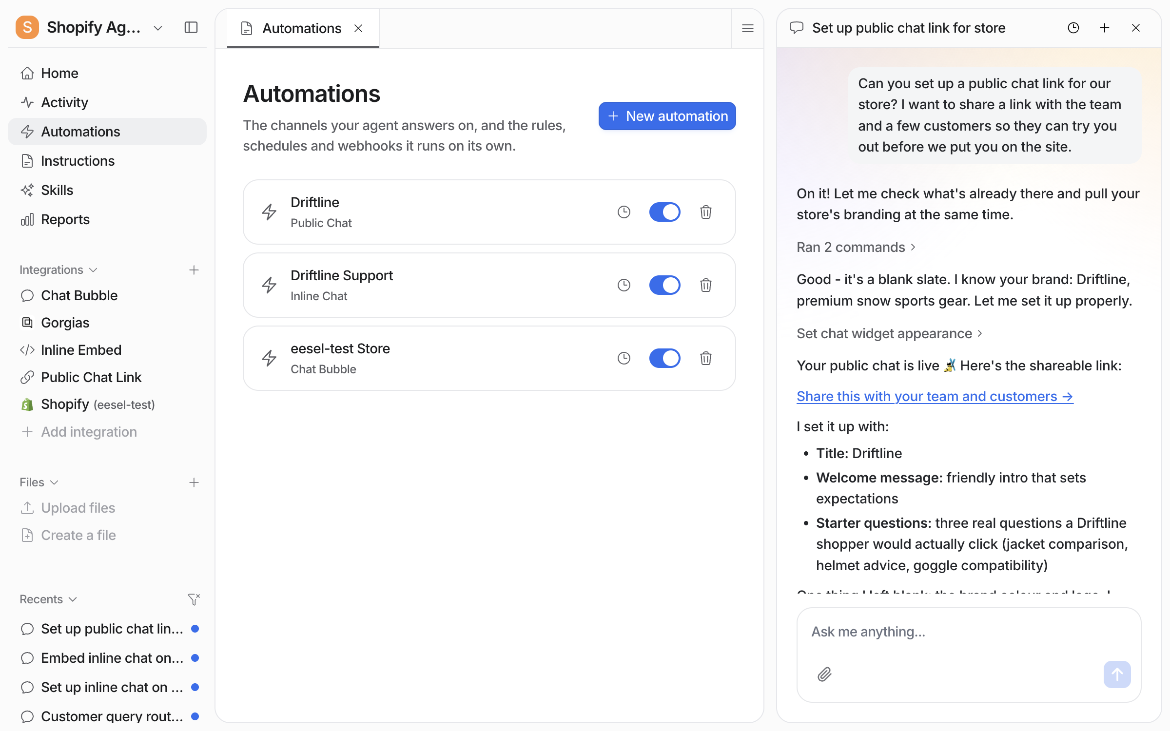 The Automations page listing the Driftline public chat automation switched on, beside the chat where it was set up