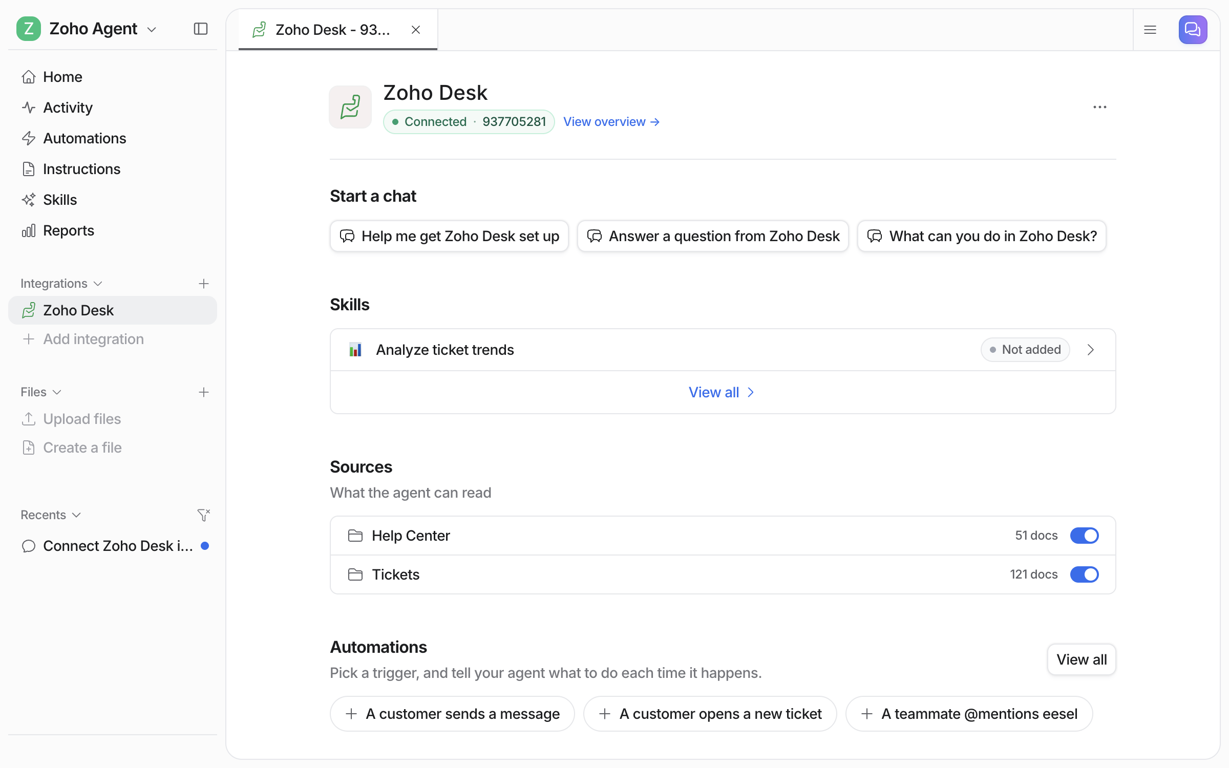 The connected Zoho Desk integration page in eesel, listing Help Center and Tickets as sources with document counts and toggles, above the Actions groups