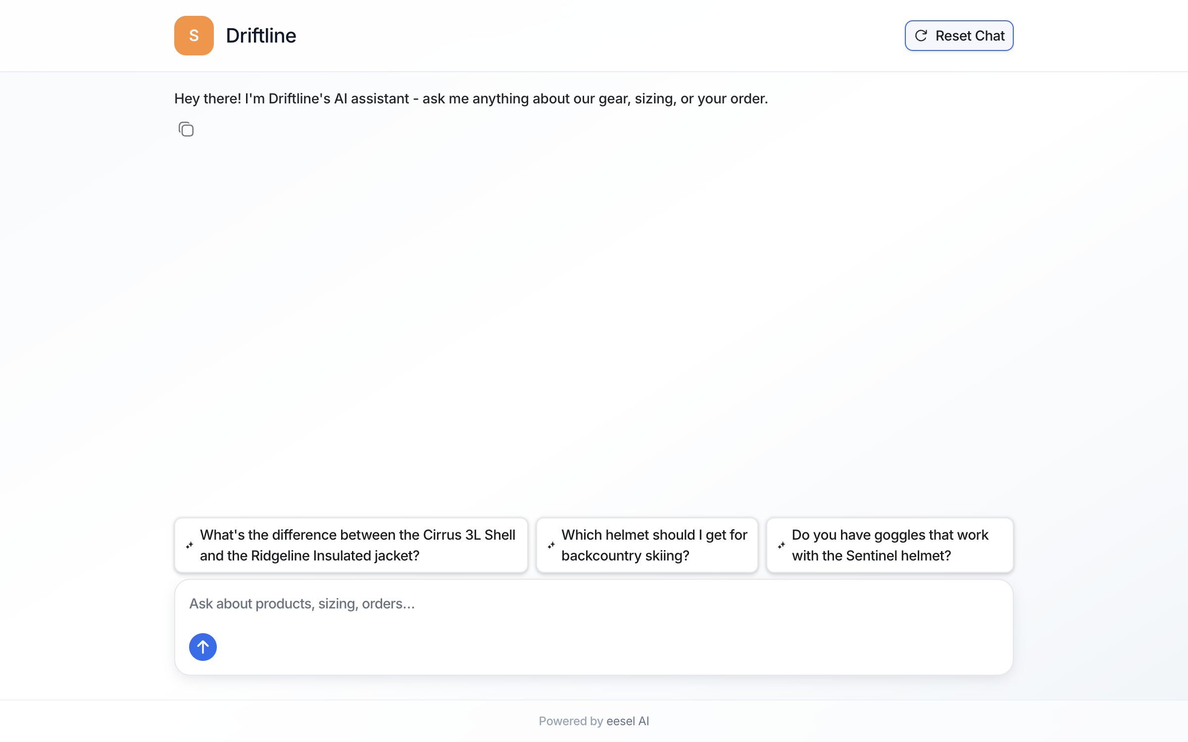 The hosted public chat page titled Driftline with its welcome message, three suggested questions and a Reset Chat button