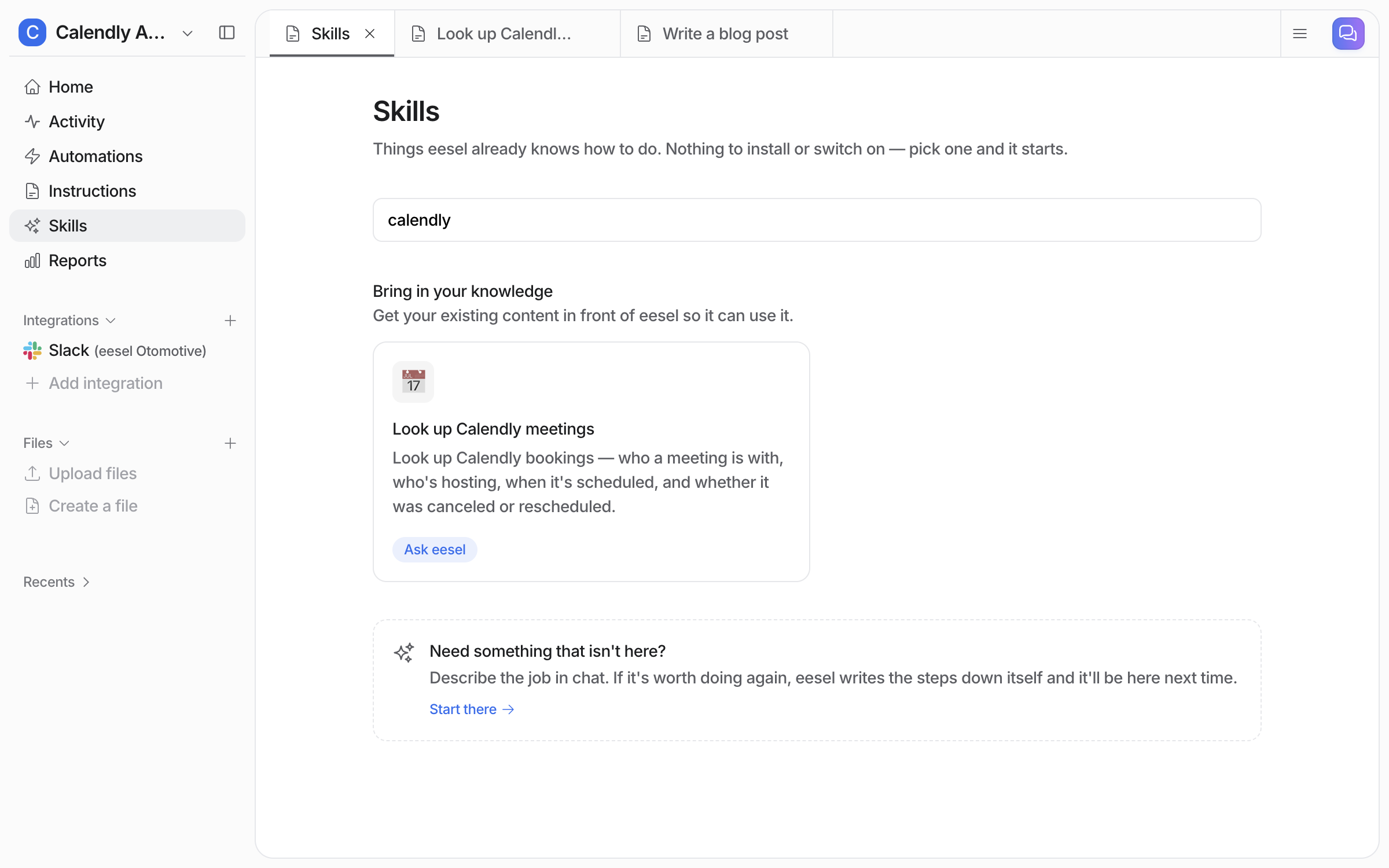 The Skills page filtered to Calendly, showing the Look up Calendly meetings tile with an Ask eesel button