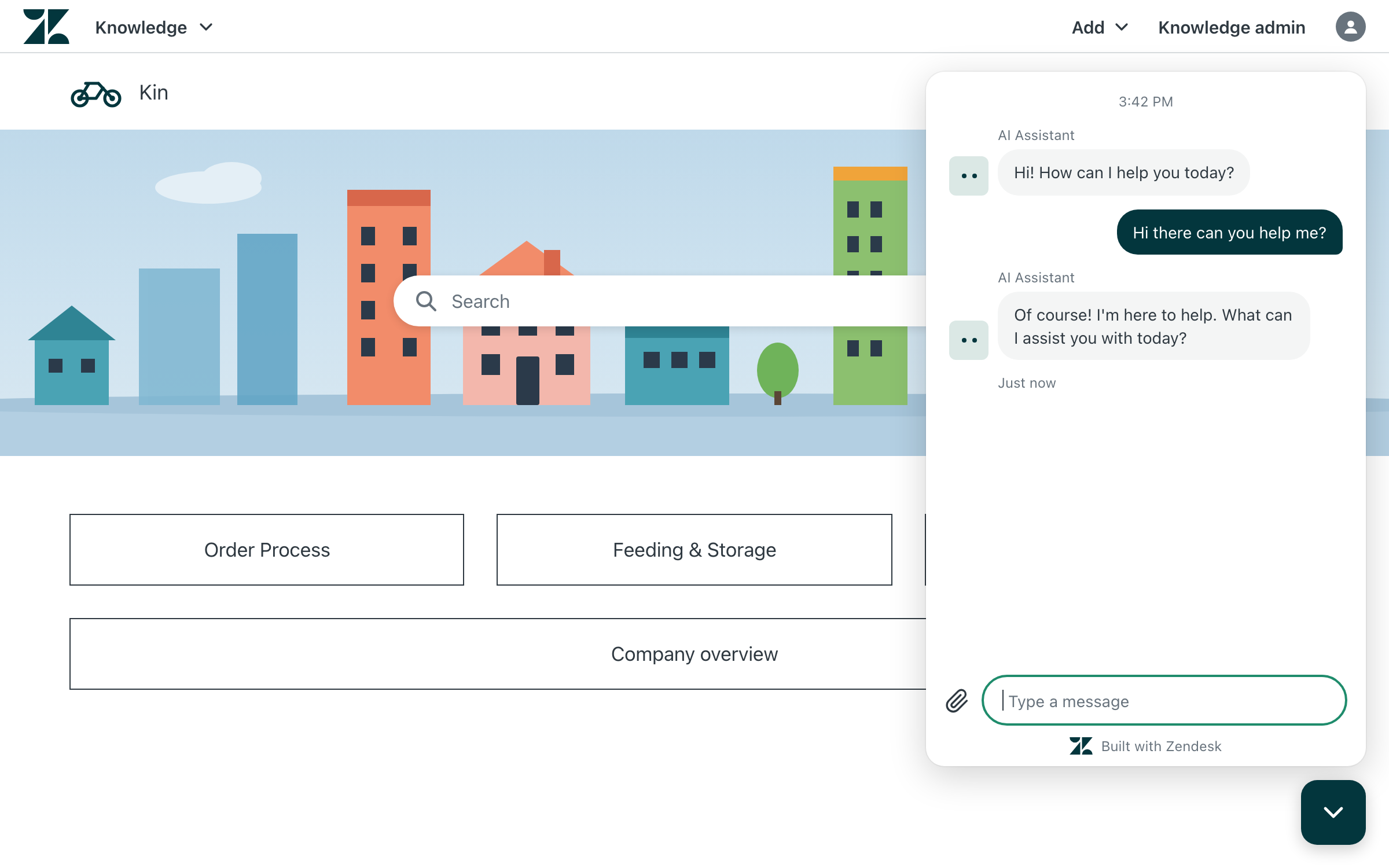 A Zendesk help center with the Messenger widget open and eesel answering a visitor's question