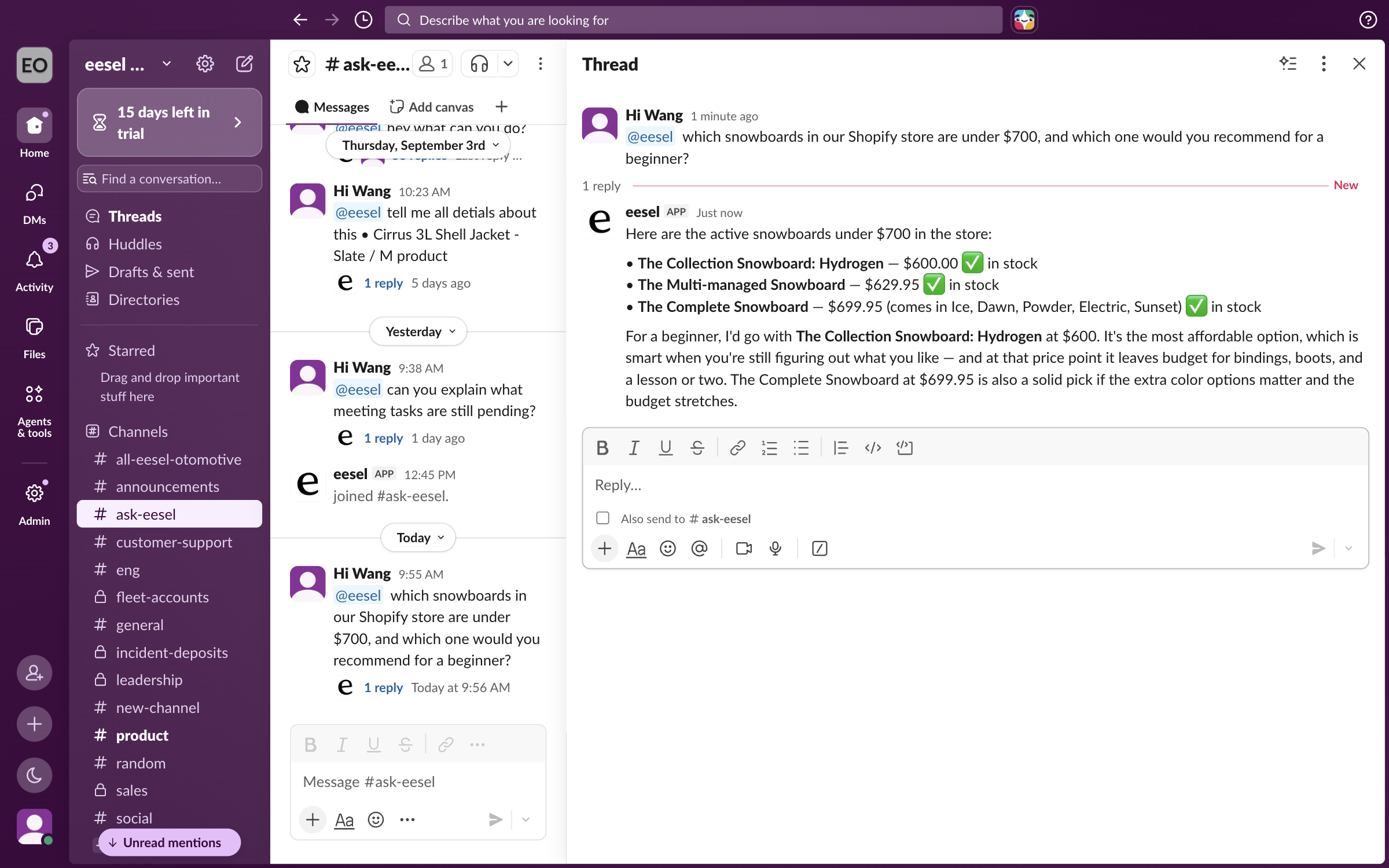 A Slack thread in an ask-eesel channel where a teammate mentions eesel to ask which products are under a price and which to recommend, and eesel answers with the matching products, their prices and stock