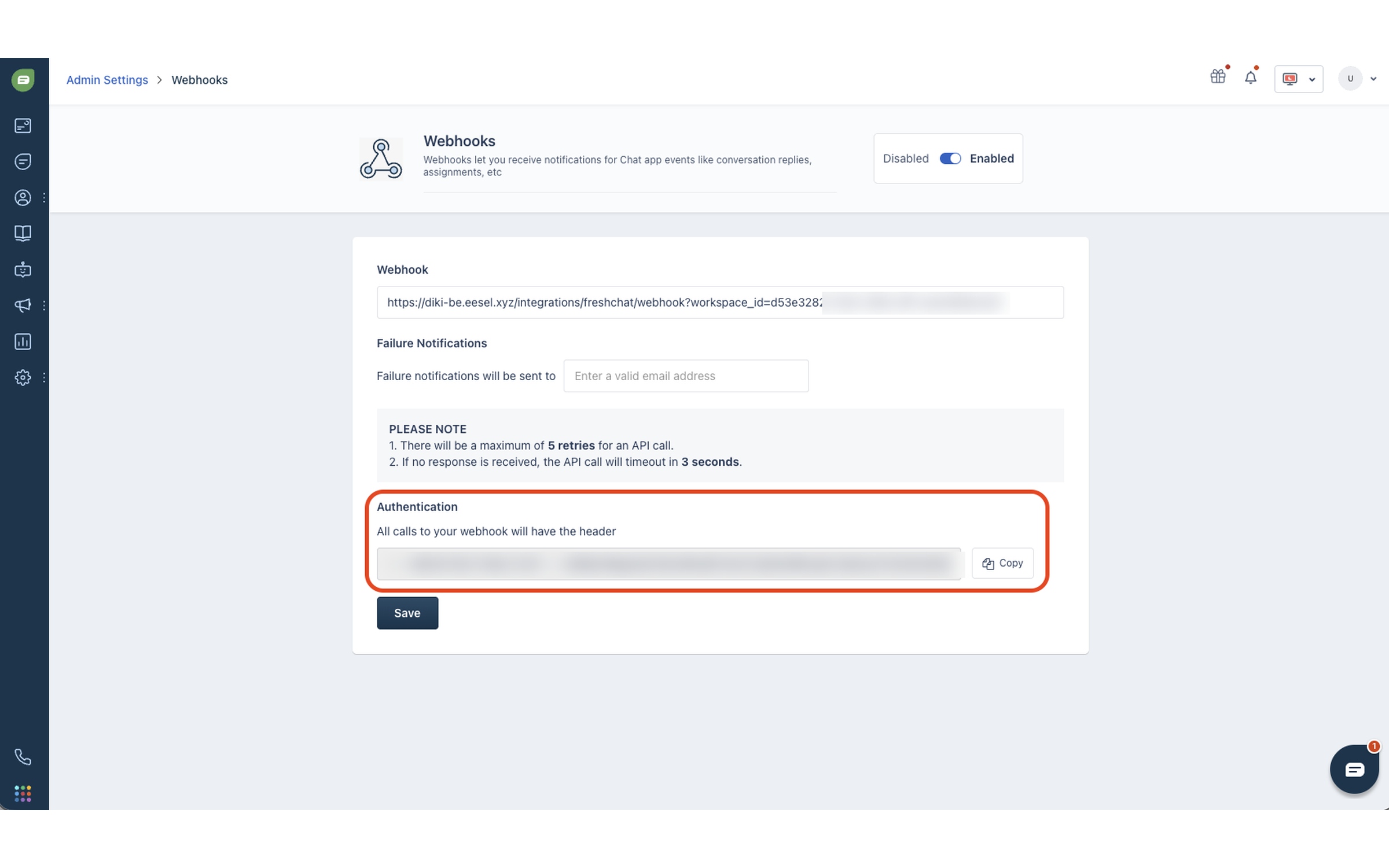 The Authentication section on the Freshchat Webhooks page showing the public key to copy