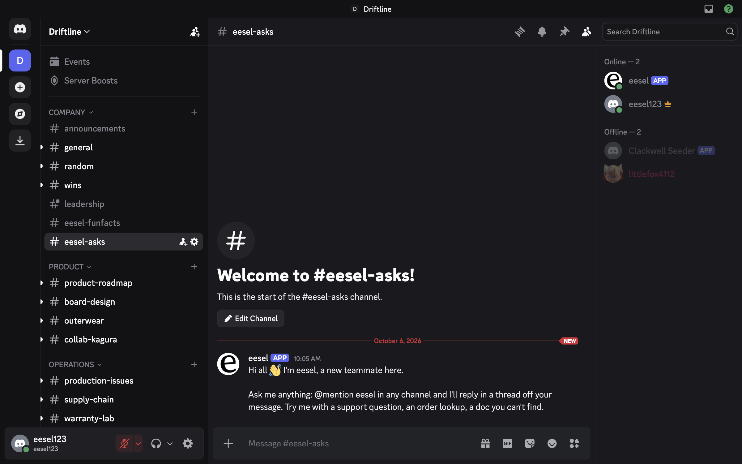 The eesel-asks channel in Discord with eesel's hello message saying to mention it in any channel and it will reply in a thread