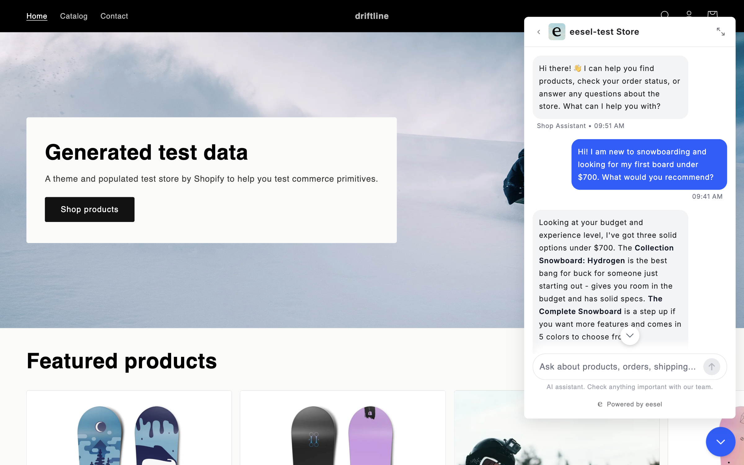 The open chat bubble where a visitor asks for a product recommendation and the agent replies with advice naming two products, with the reply continuing below the fold