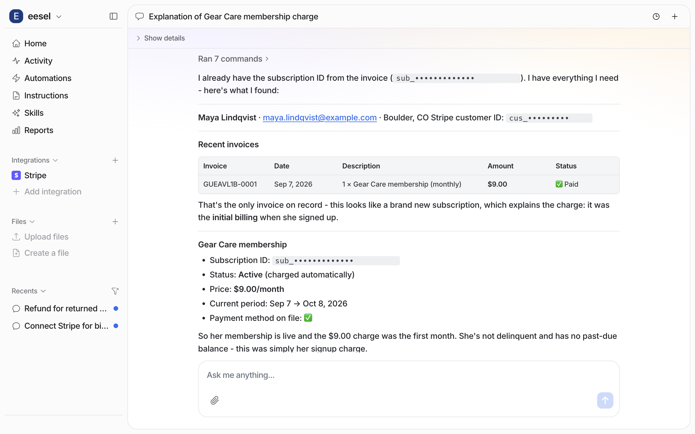 The same answer continued: subscription status Active, 9 dollars a month, the current period, and a payment method on file