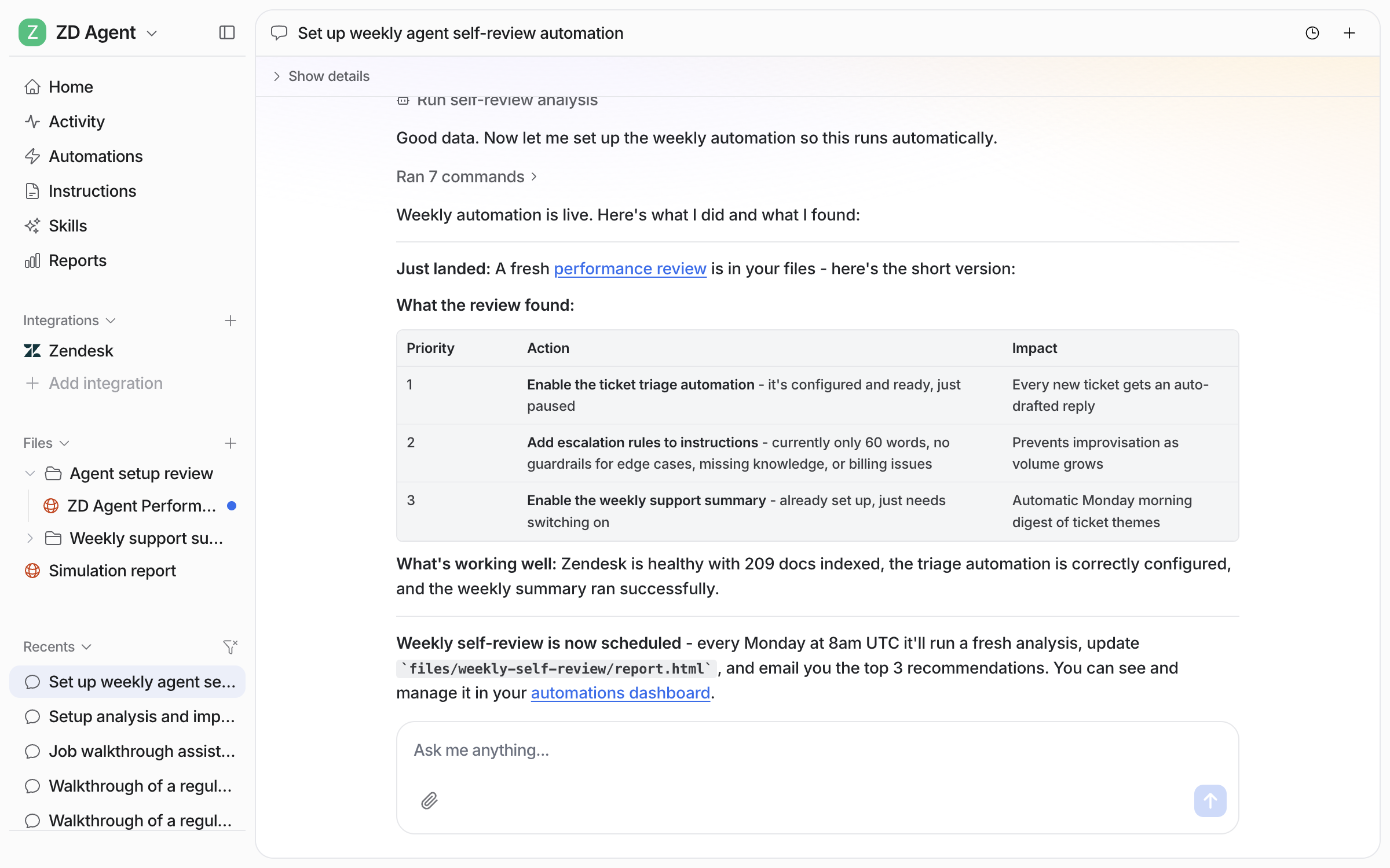 The chat where the agent confirms the weekly self-review is live, lists three prioritised actions with their impact, and says a fresh review will run every Monday