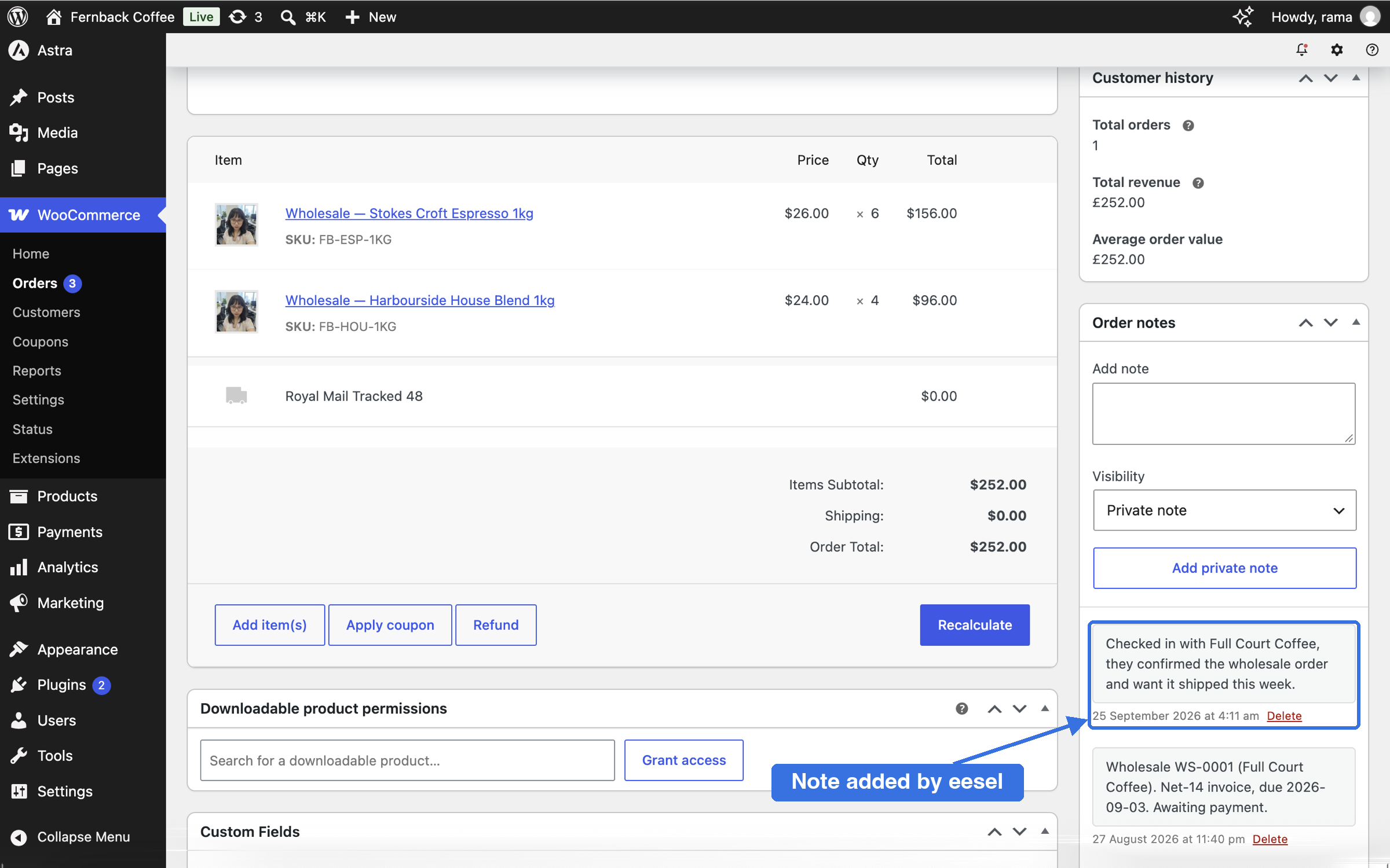 Order 84 in the WooCommerce admin with the new private note highlighted in the Order notes panel