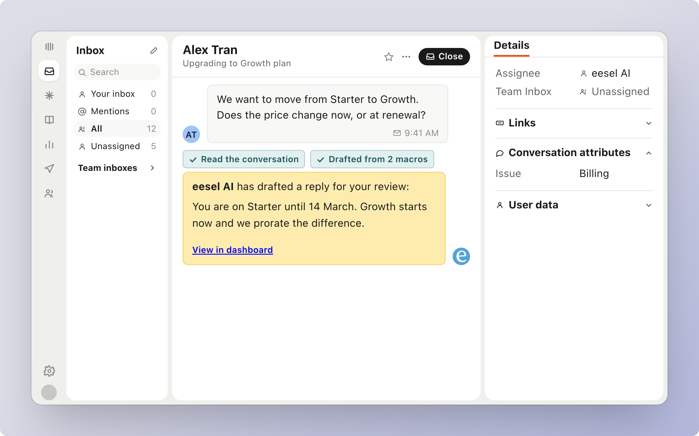 An Intercom inbox conversation about upgrading to the Growth plan, with eesel AI posting an internal note that drafts the reply for review after reading the conversation and two macros