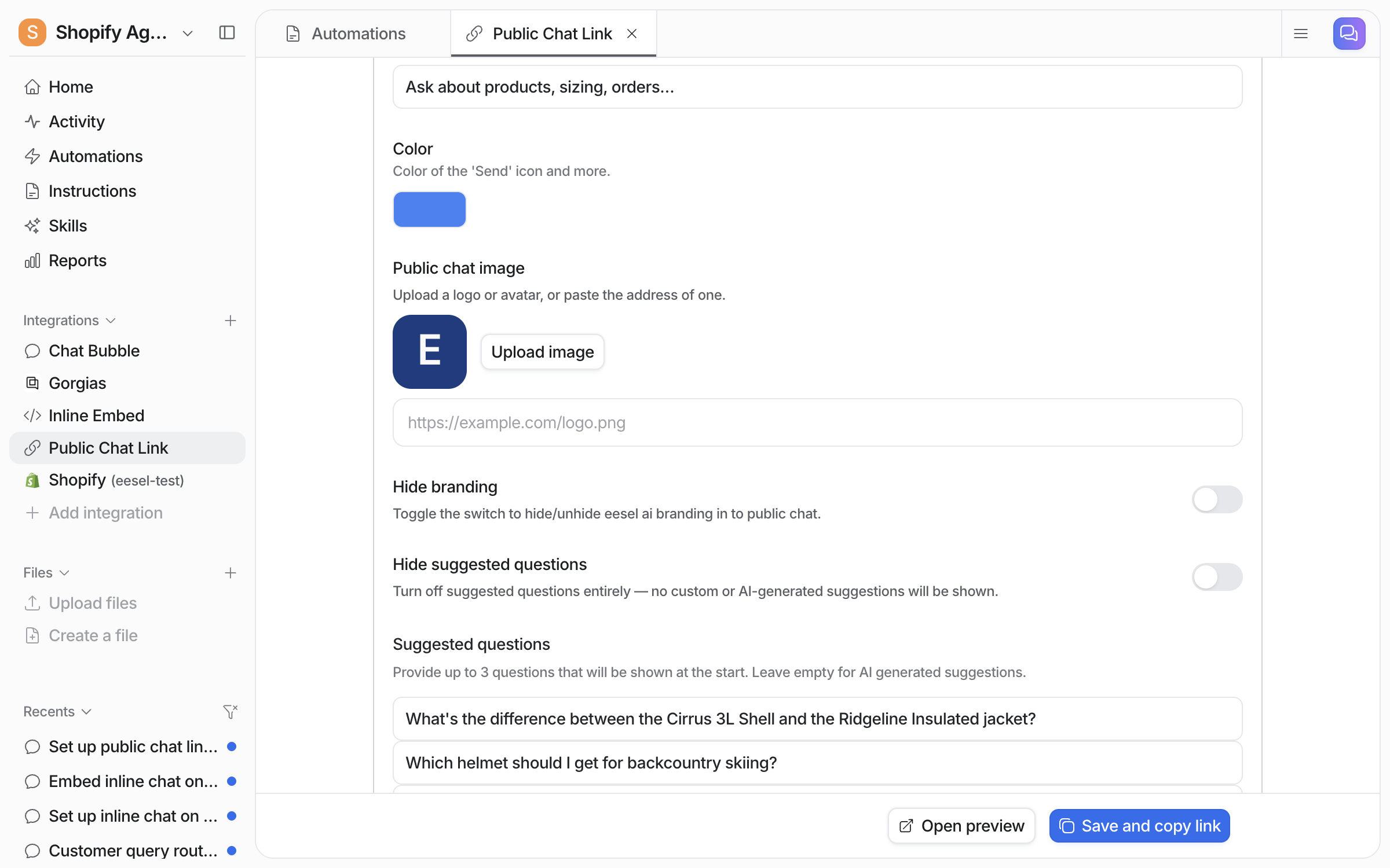 The Public chat image upload, the Hide branding switch and the Hide suggested questions switch on the settings page