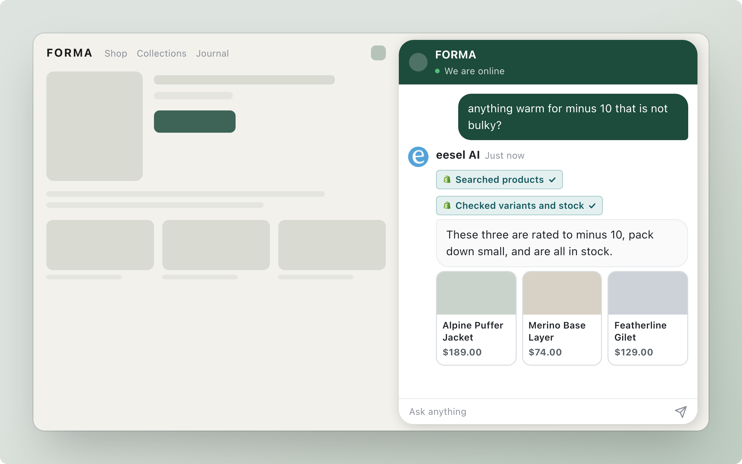 A Shopify storefront with the eesel chat bubble open, where the agent recommends three jackets as product cards with prices after searching the catalog and checking stock